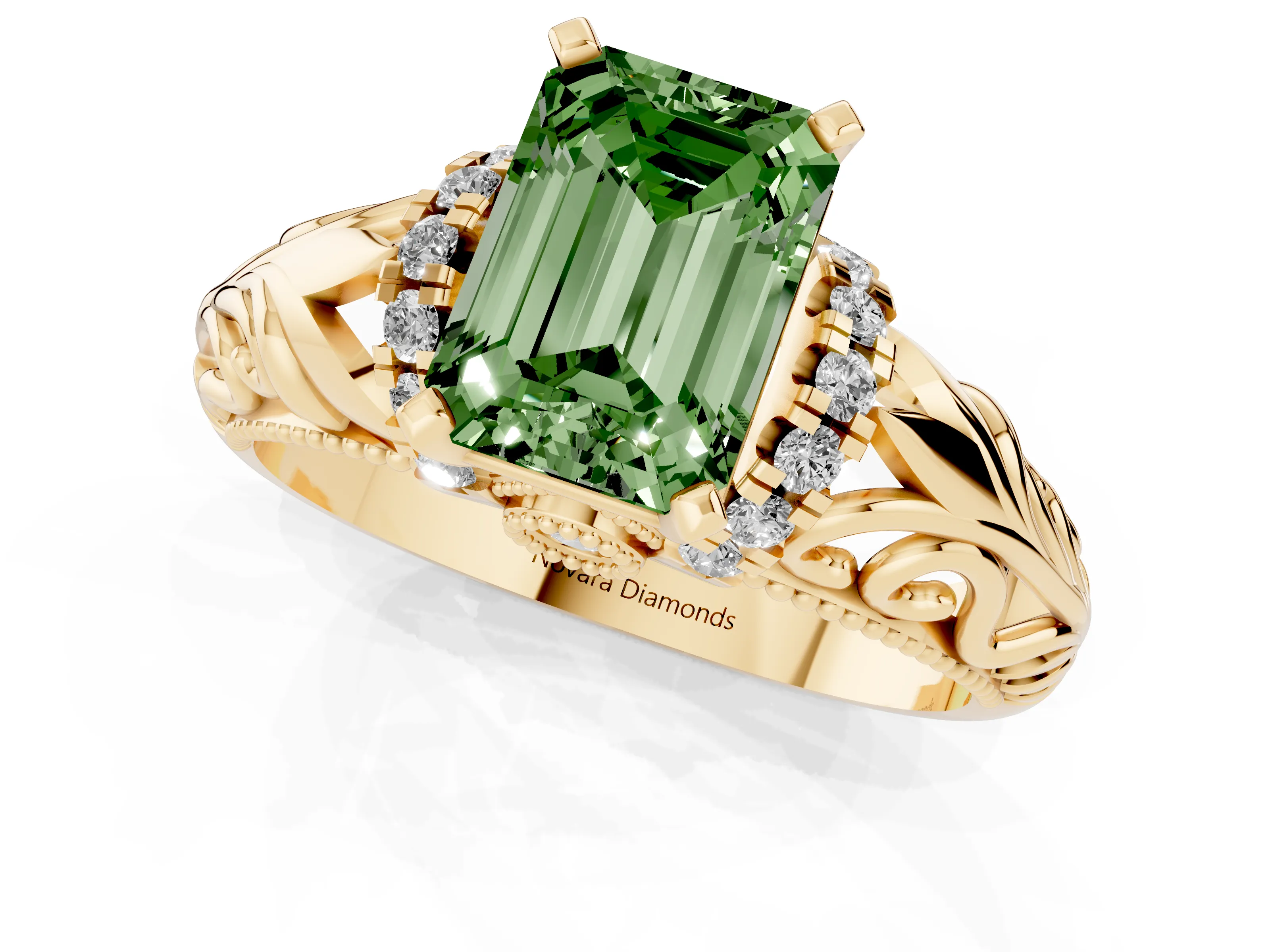 Fancy Green Emerald Cut Diamond Filigree Halo Engagement Ring Set in Yellow gold with Prong Setting
