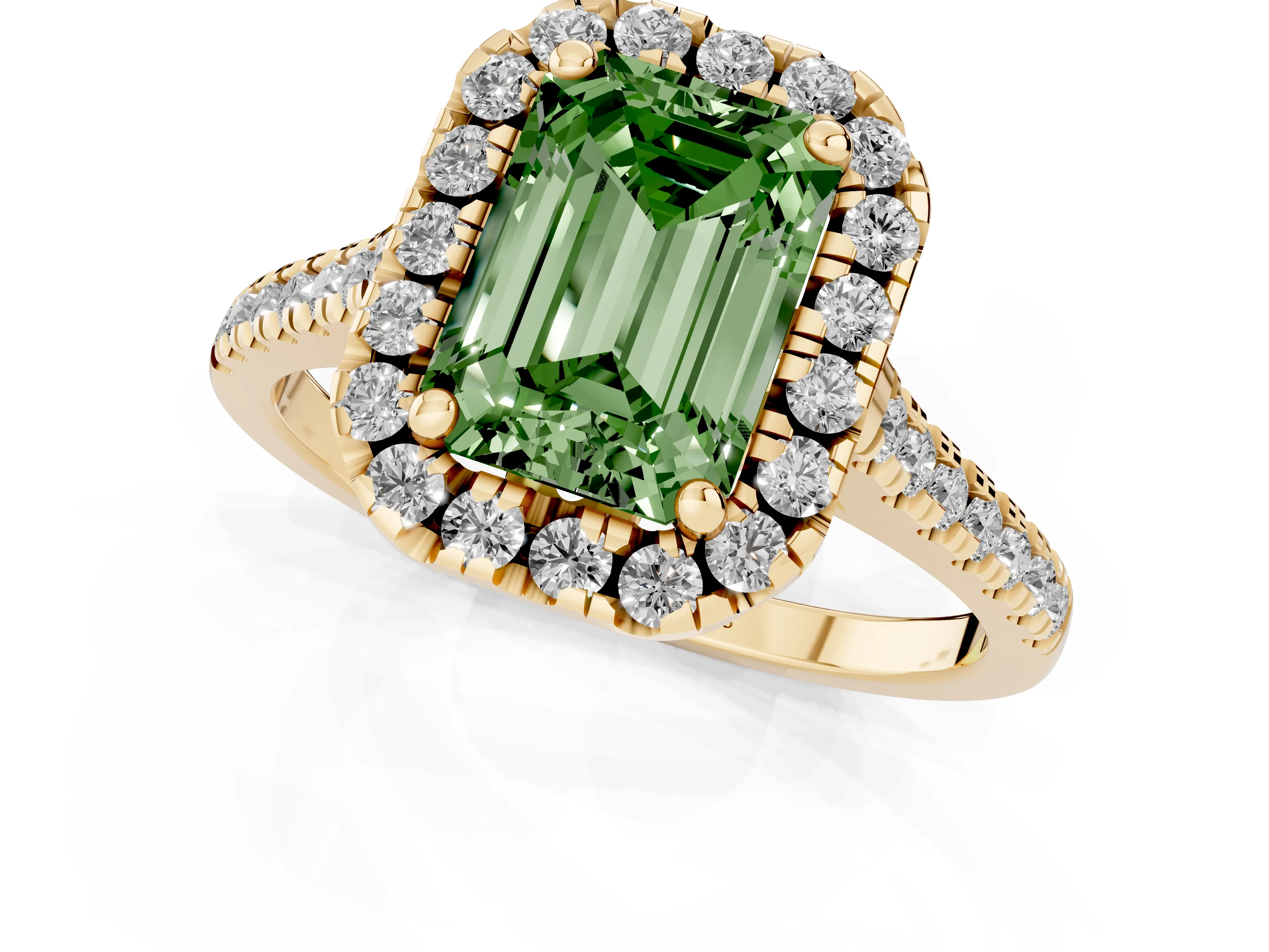 Fancy Green Emerald Cut Diamond Cushion Halo Ring Set in Yellow gold with Pavé Band
