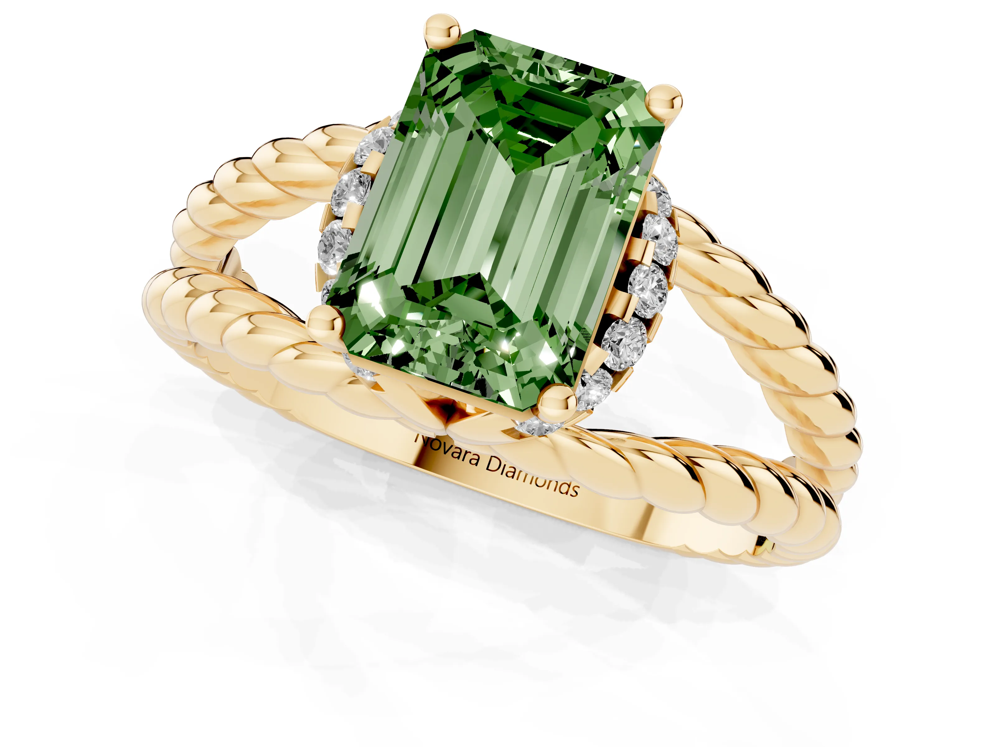 Fancy Green Emerald Cut Diamond Halo Ring Set in Yellow gold with Twisted Band and Prong Setting