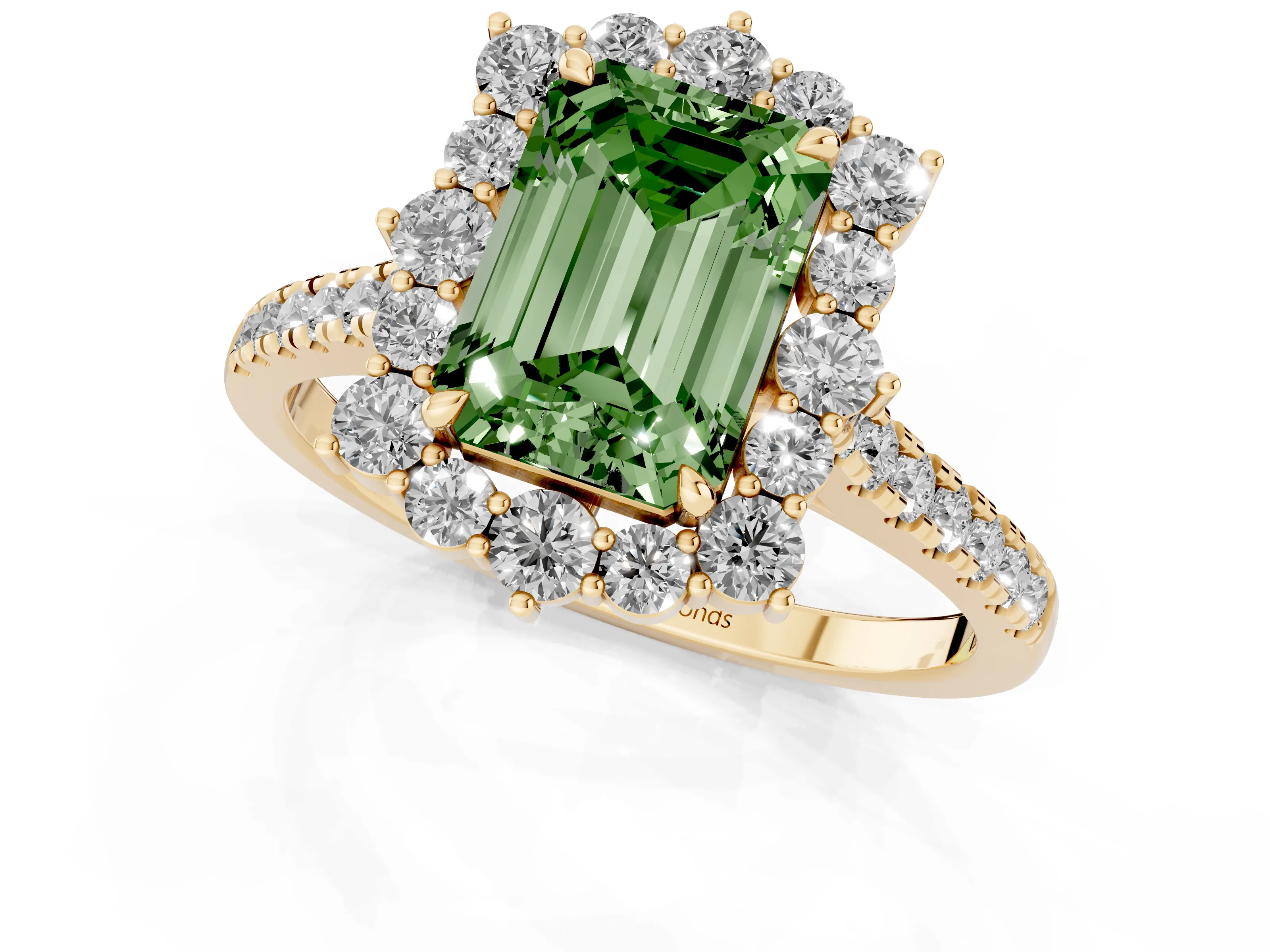 Fancy Green Emerald Cut Diamond Halo Ring Set in Yellow gold with Pavé Band and Prong Setting