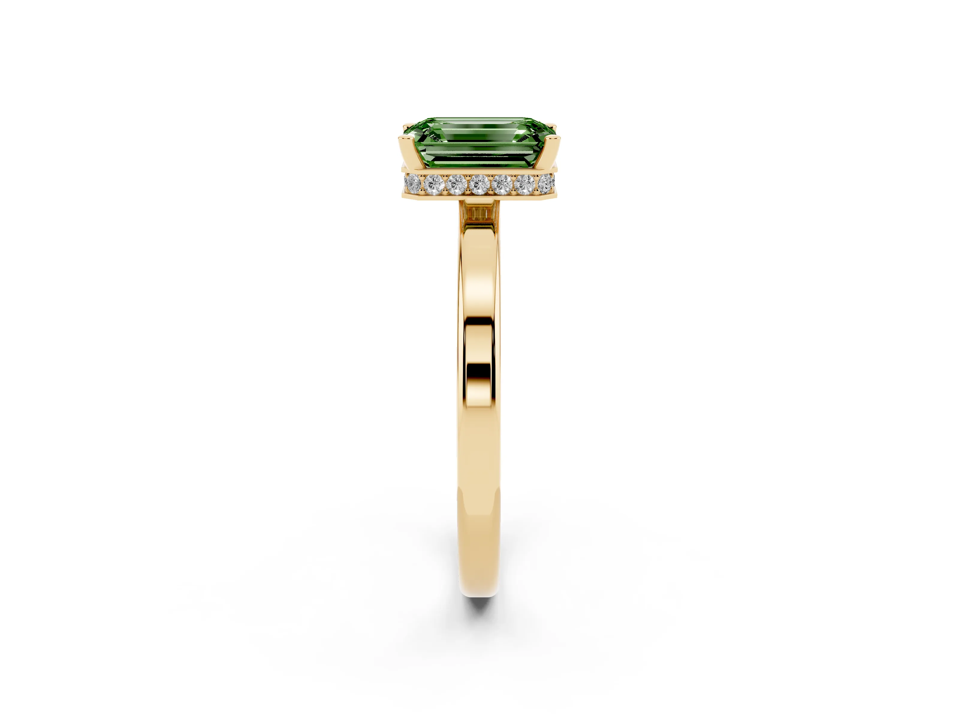 Fancy Green Emerald Cut Diamond Solitaire Engagement Ring Set in Yellow gold with Prong Setting on a Plain Band