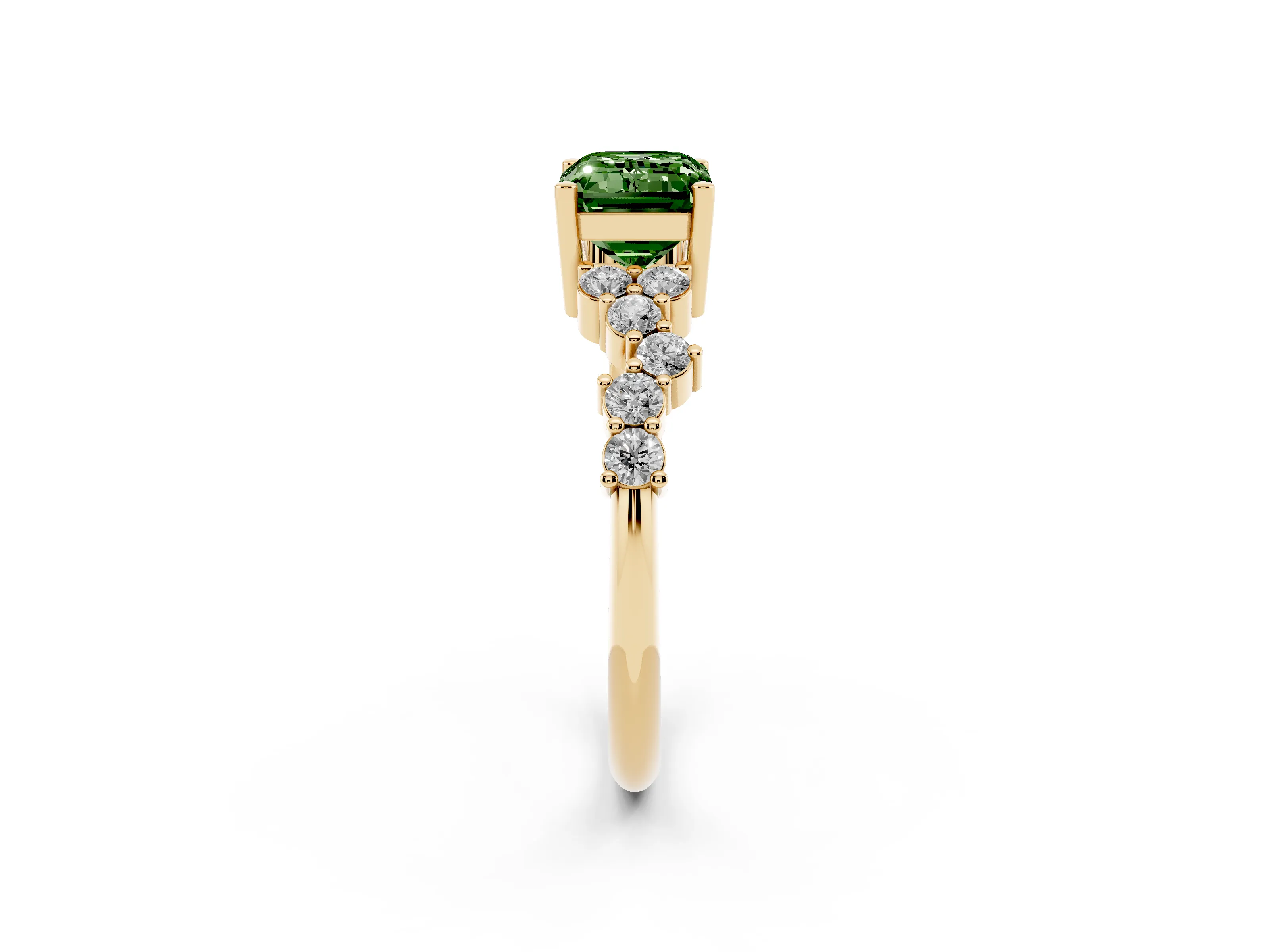 Fancy Green Emerald Cut Diamond Ring Set in Yellow gold with Scattered Round Accents