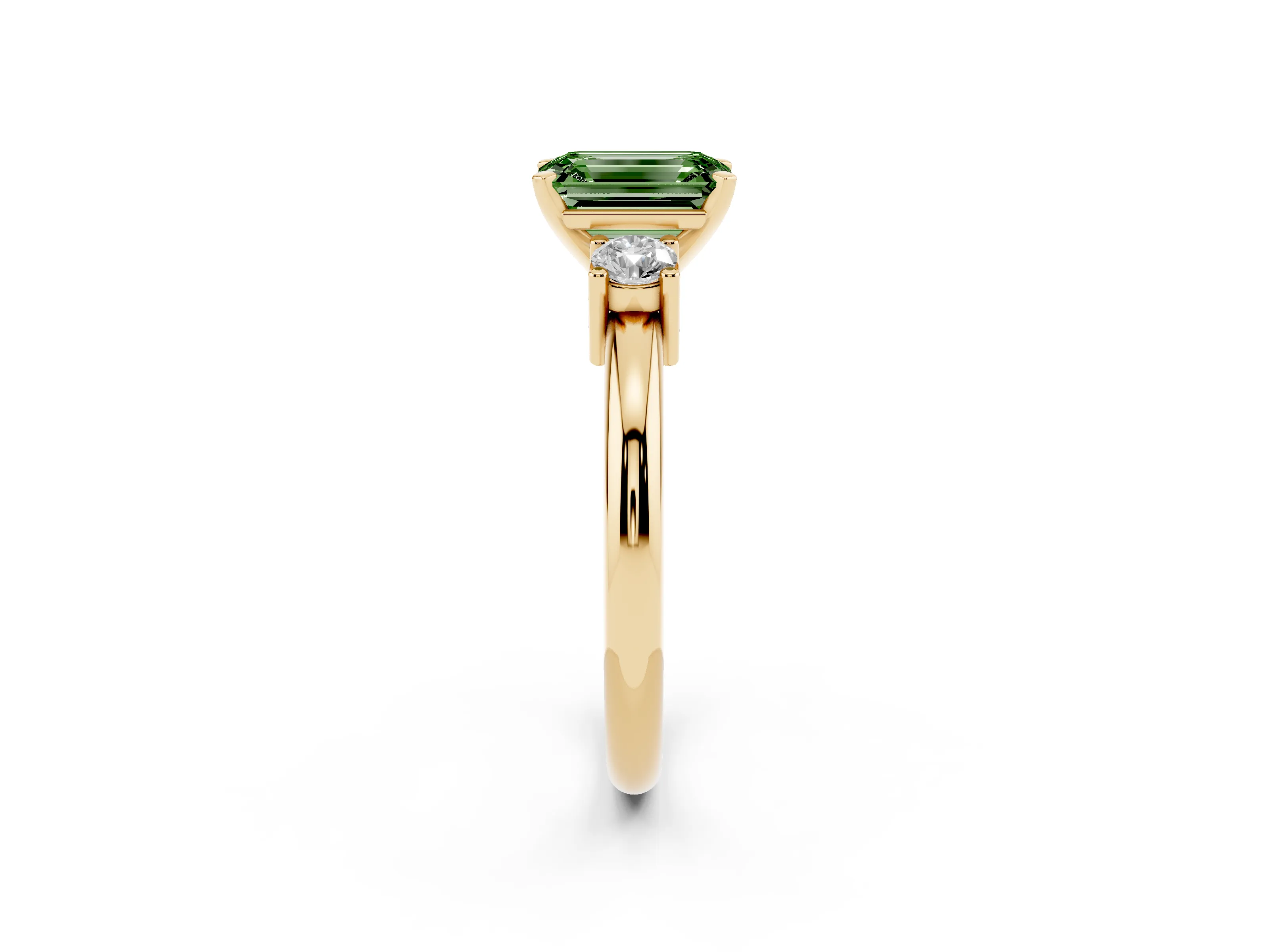 Fancy Green Three-Stone Emerald Cut Diamond Ring Set in Yellow gold with Prong Setting and Plain Band