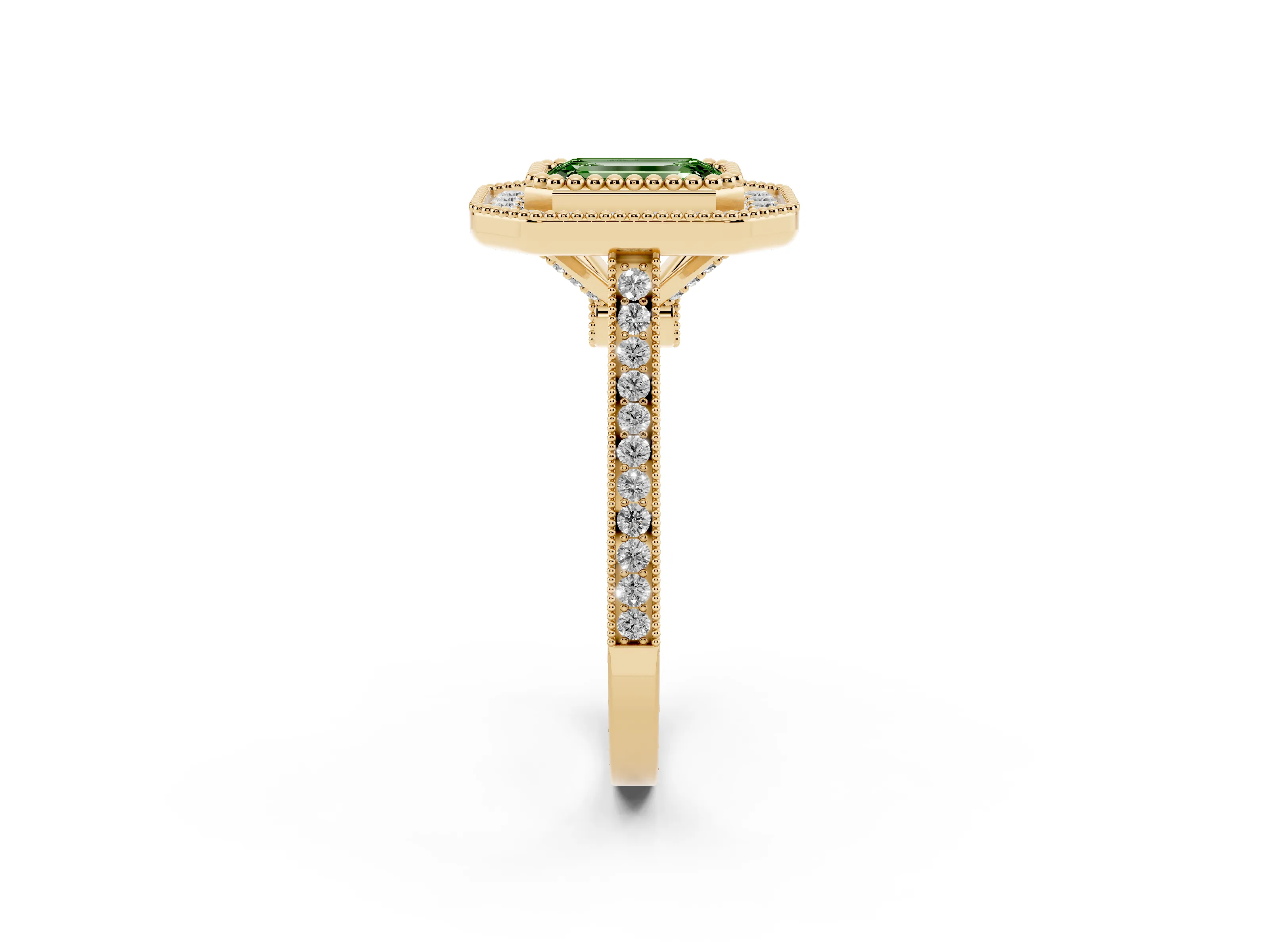Fancy Green Emerald Cut Diamond Halo Ring Set in Yellow gold with Milgrain Frame and Pavé Band