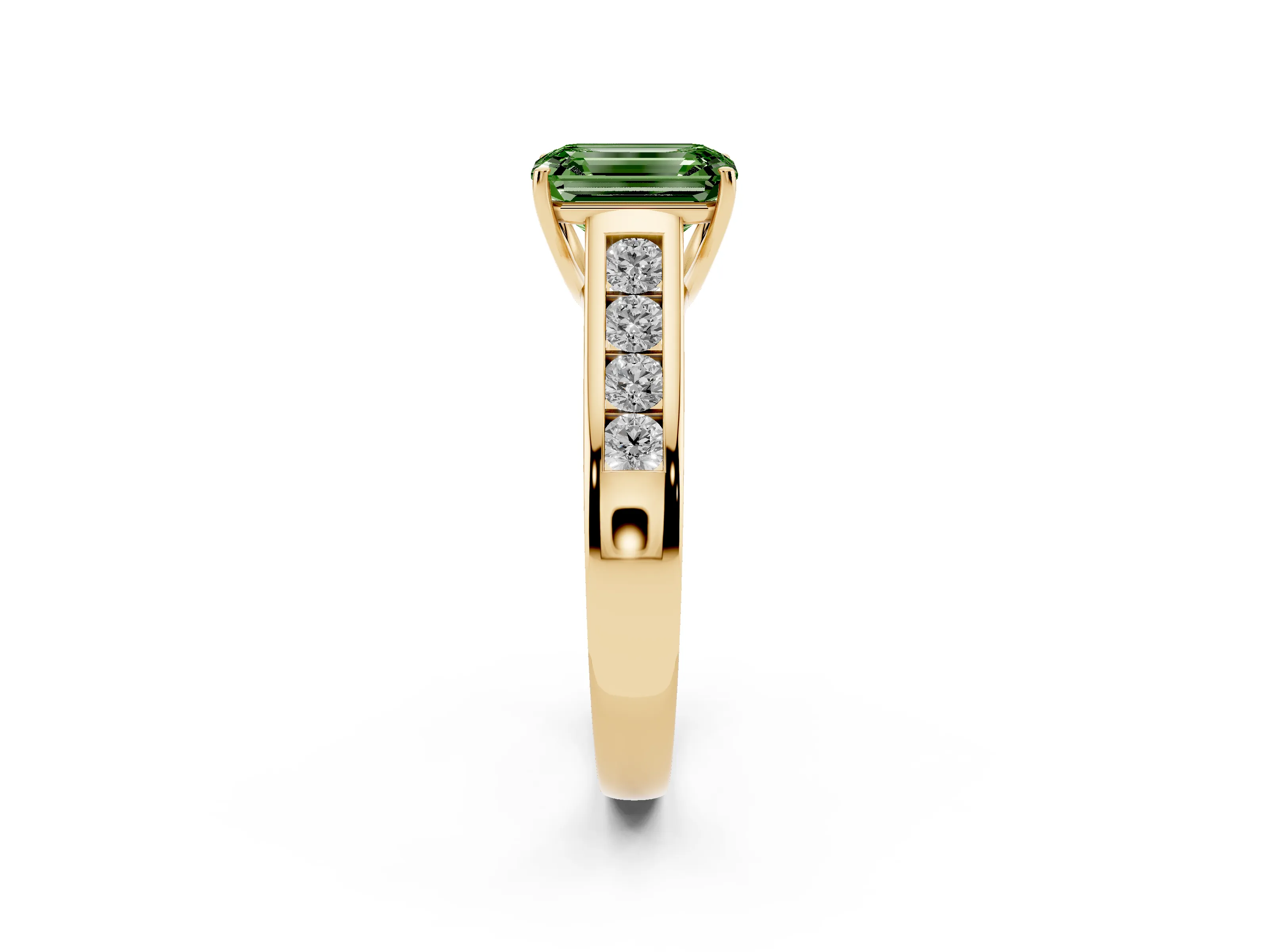 Fancy Green Emerald Cut Diamond Brilliant Channel-Set Solitaire Ring Set in Yellow gold with Prong Setting