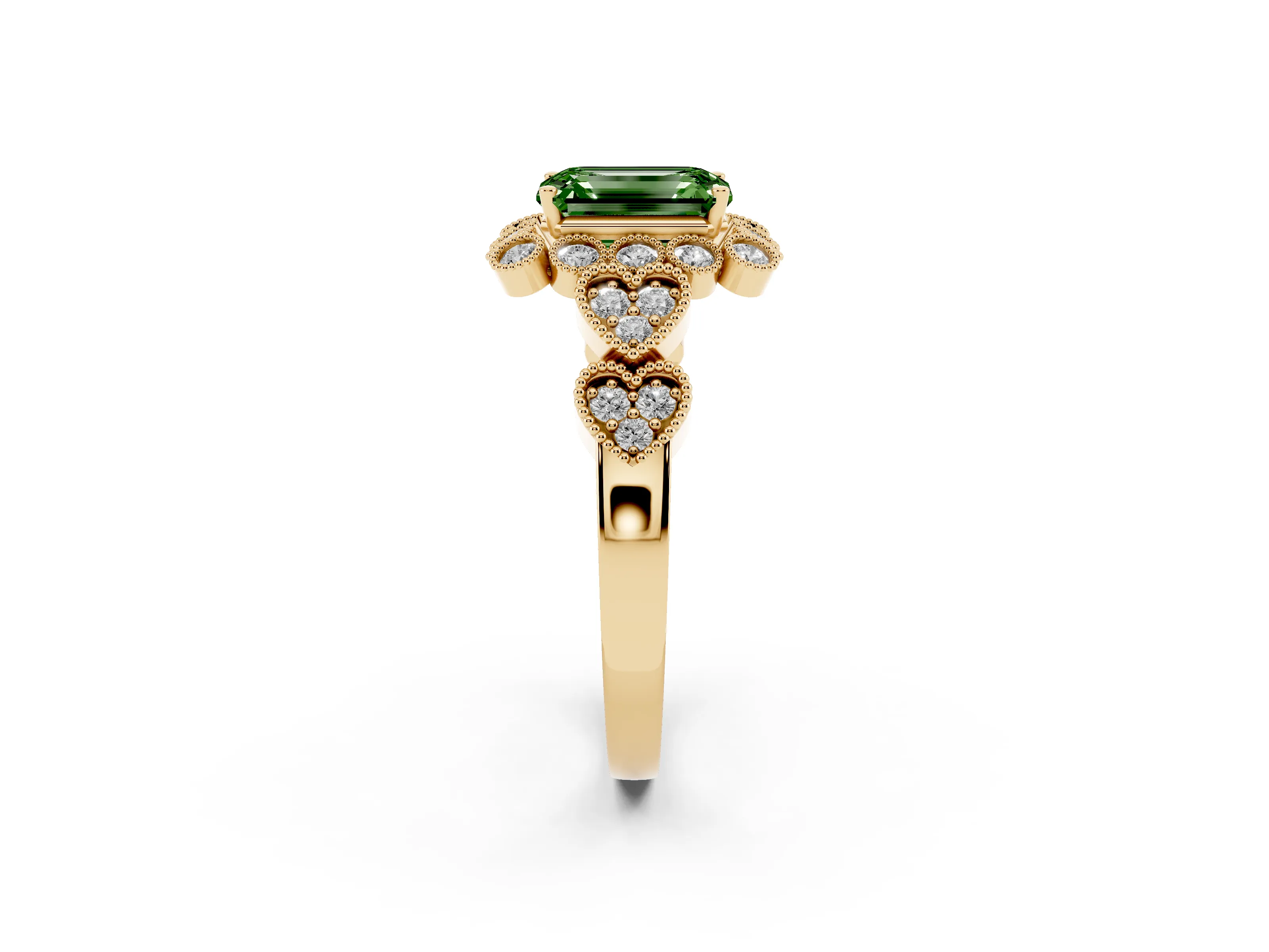 Fancy Green Emerald Cut Diamond Solitaire Ring Set in Yellow gold with Milgrain Pavé Heart Band