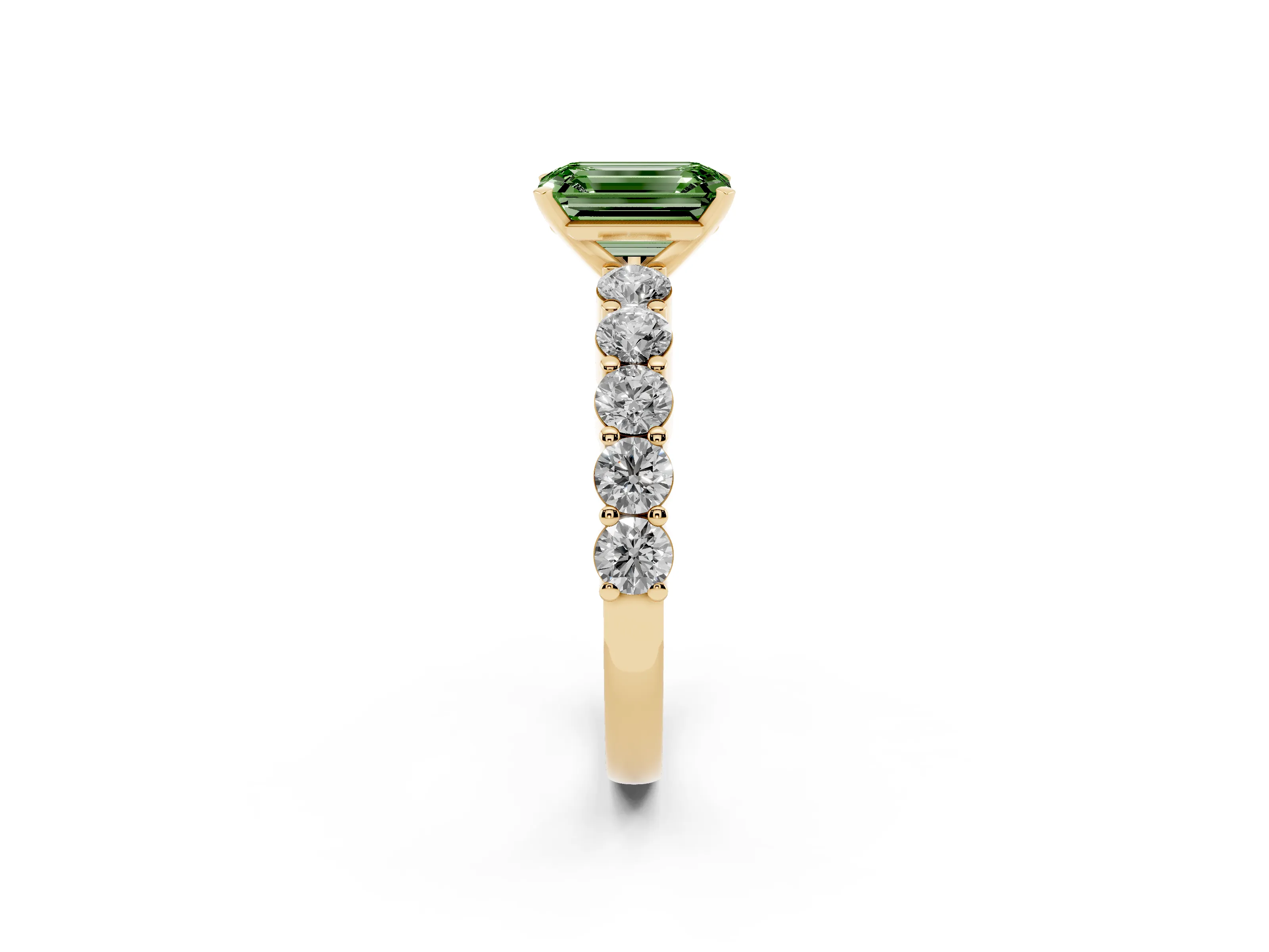 Fancy Green Emerald Cut Diamond Solitaire Ring Set in Yellow gold with Shared Prong Round Side Stones