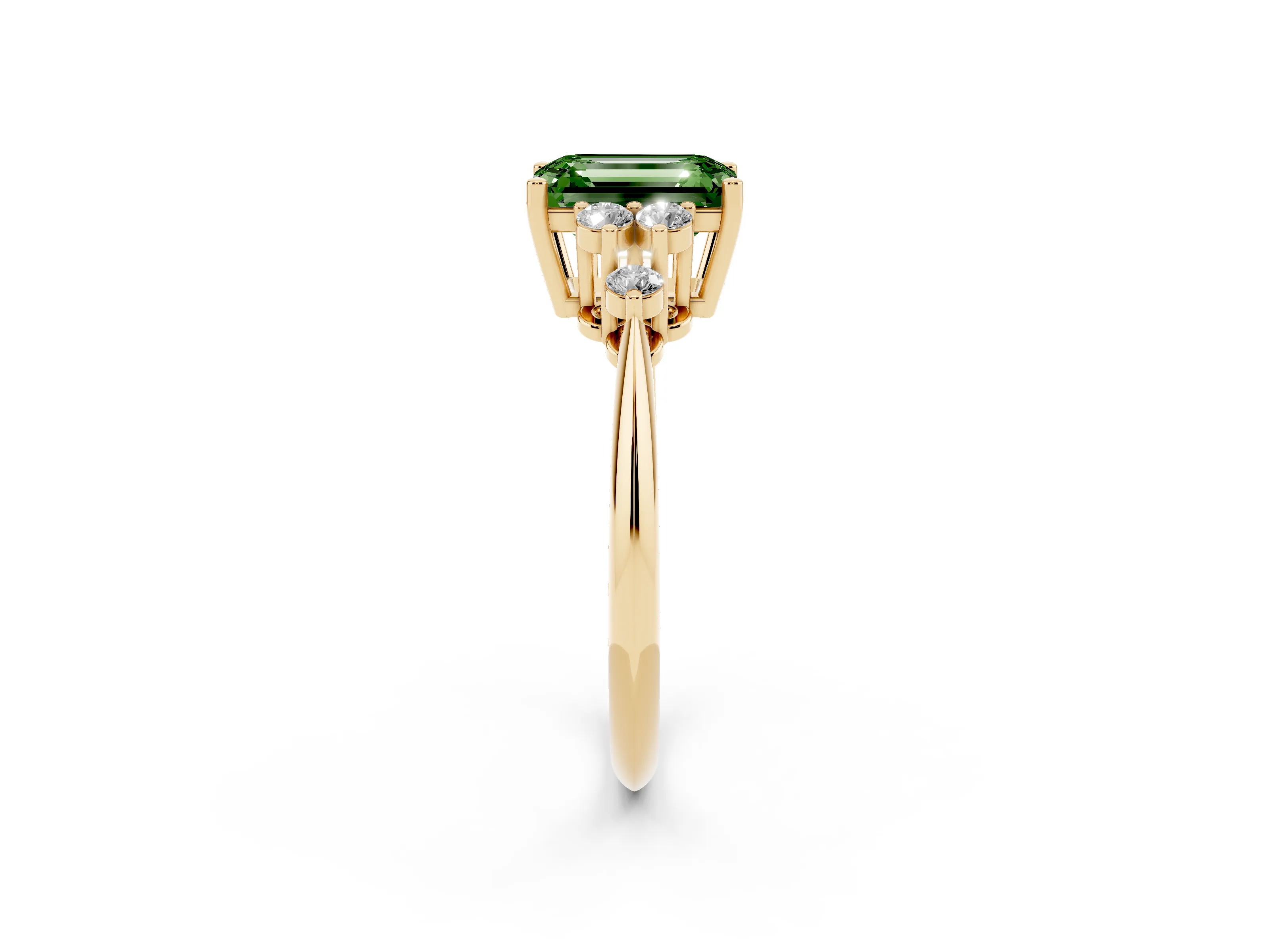 Fancy Green Emerald Cut Diamond Cluster Ring Set in Yellow gold with Plain Band and Prong Setting