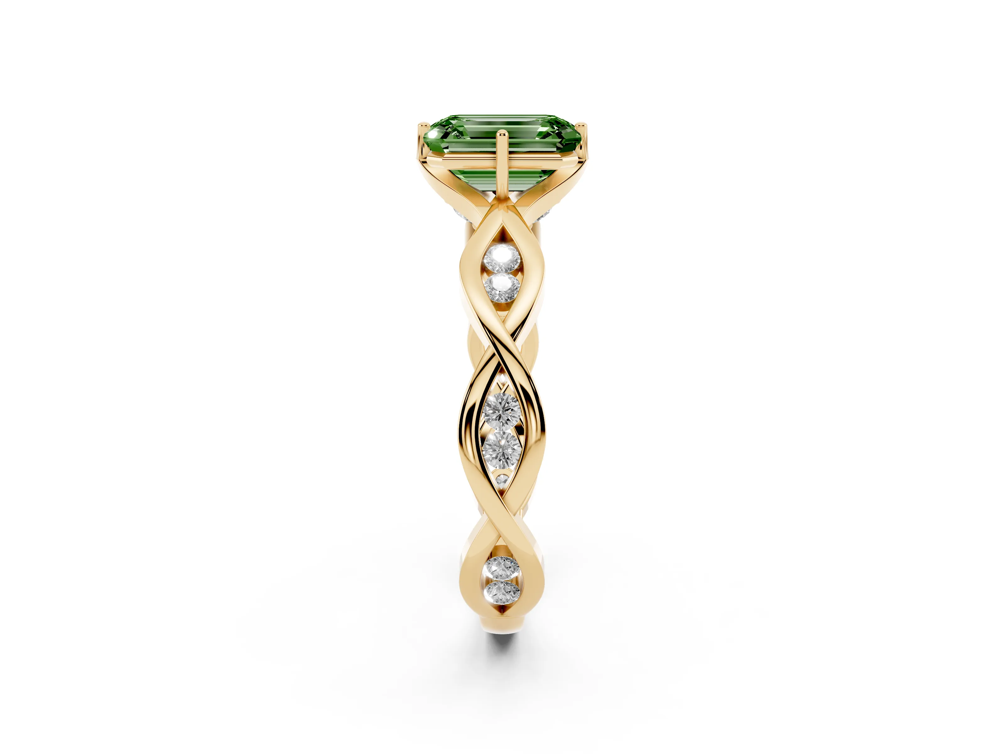 Fancy Green Emerald Cut Diamond Twist Band Solitaire Ring Set in Yellow gold with Leaf Prong Setting and Accent Stones