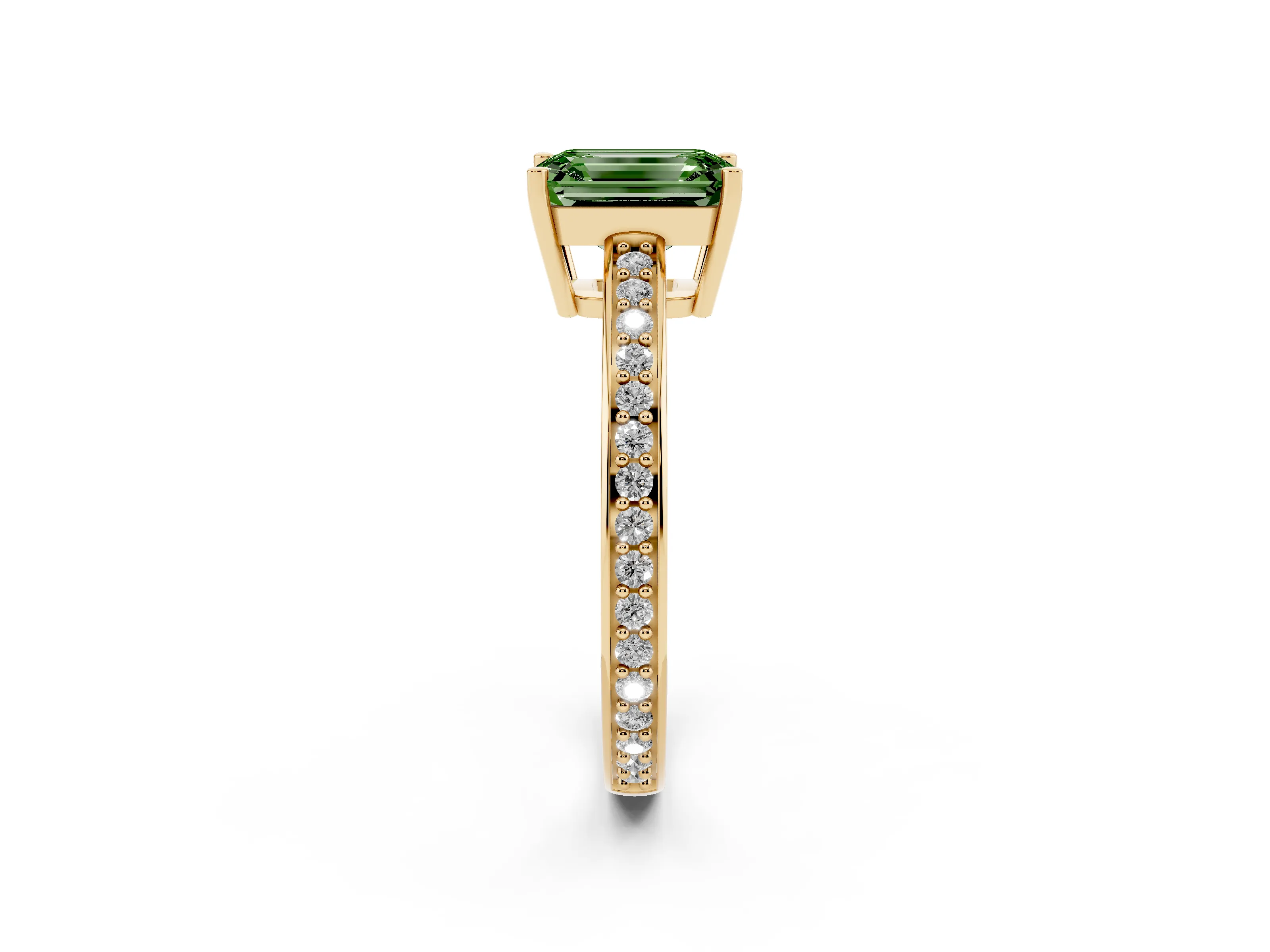 Fancy Green Emerald Cut Diamond Pavé Band Prong Set Solitaire Ring Set in Yellow gold