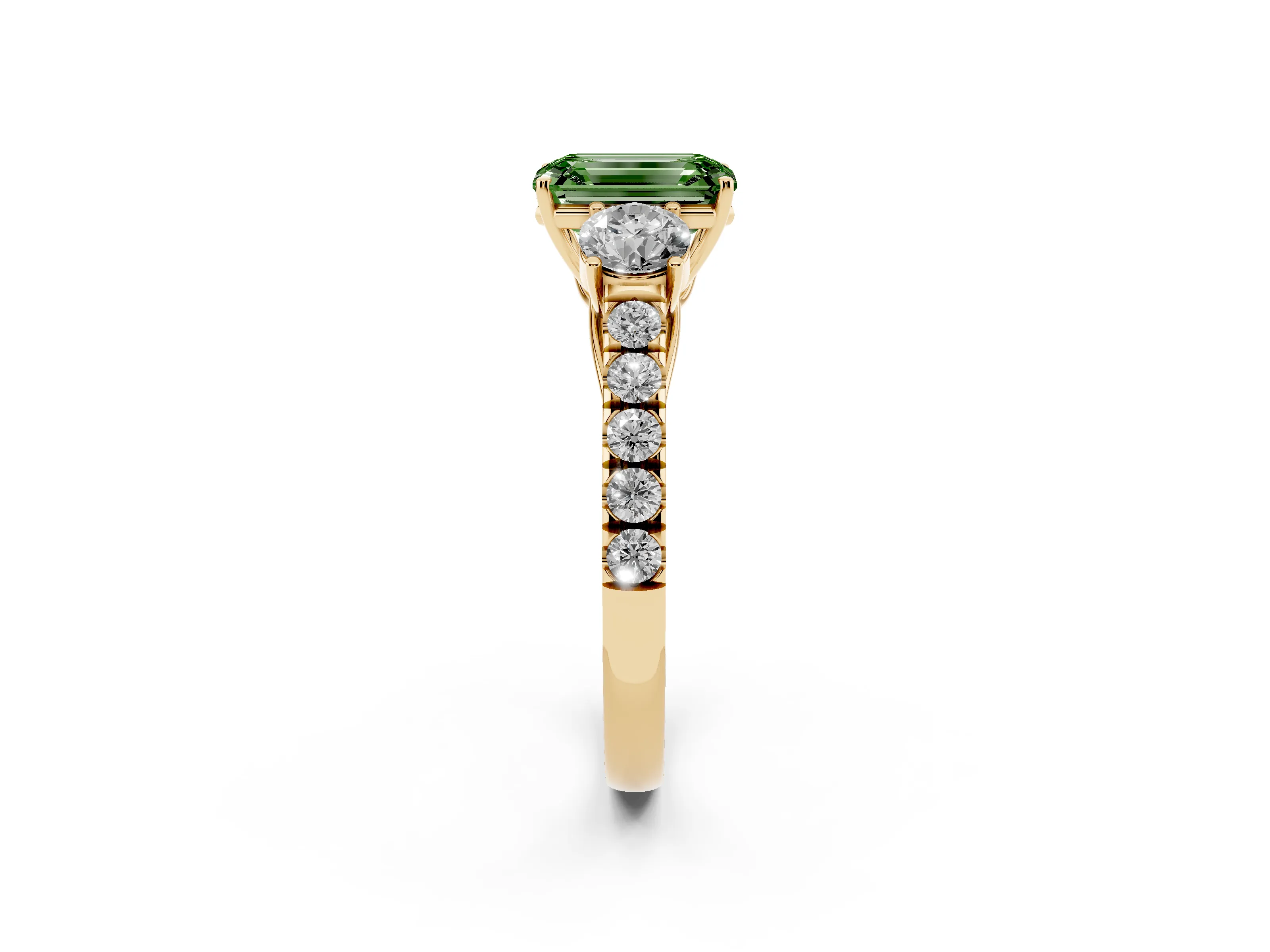 Fancy Green Emerald Cut Diamond Three-Stone Ring Set in Yellow gold with Round Side Stones and Delicate Pavé Band
