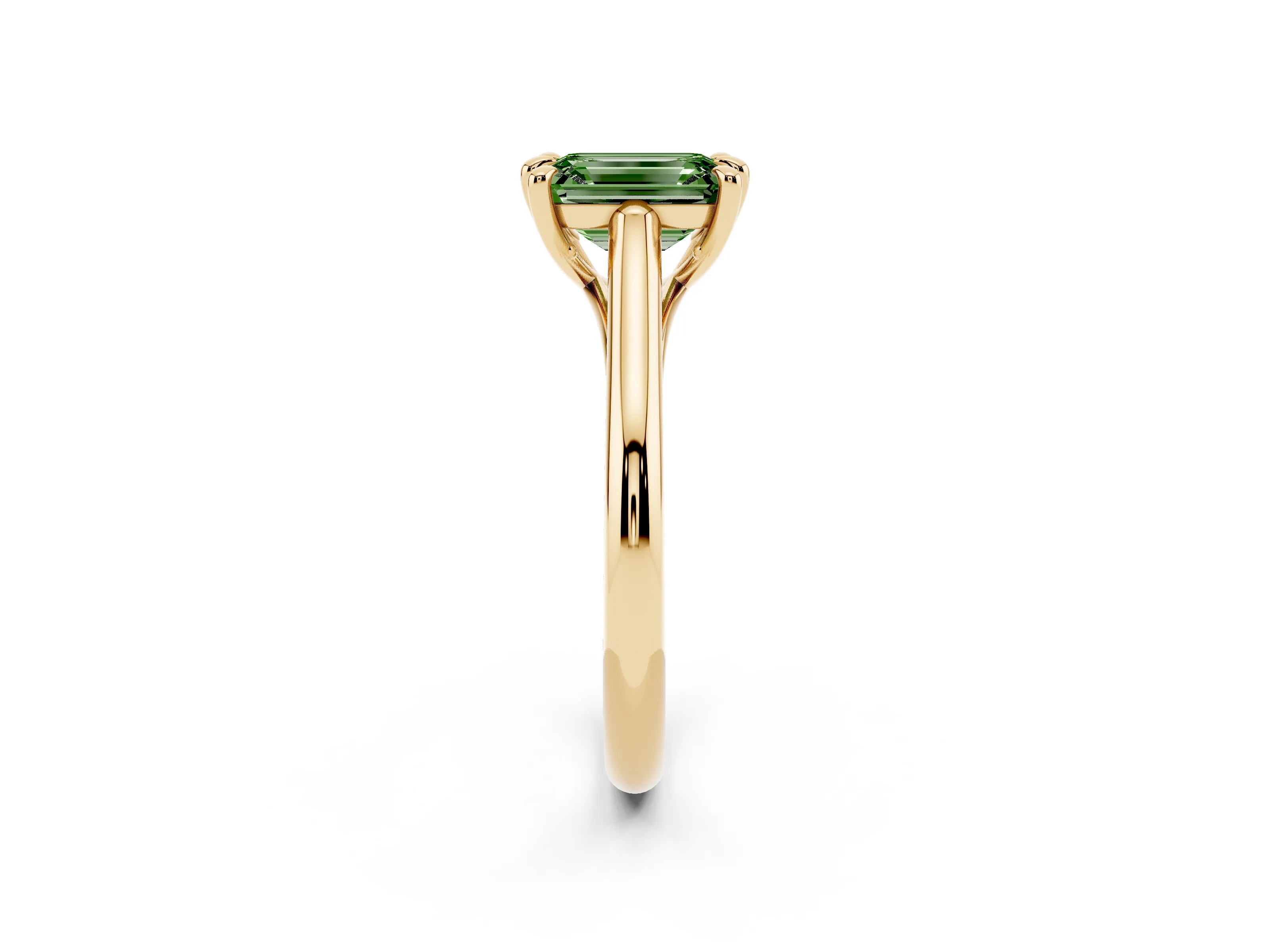 Fancy Green Emerald Cut Diamond Solitaire Engagement Ring Set in Yellow gold with Prong Setting and Plain Classic Band