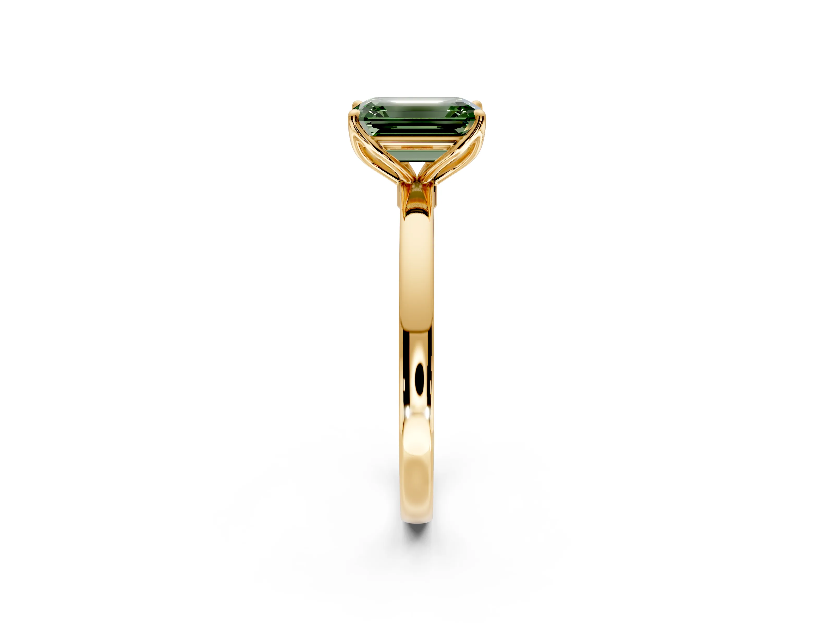 Solitaire Engagement Ring Setting for Fancy Green Emerald Cut Center with Thin Rounded Plain Band and Prong Head in Yellow Gold
