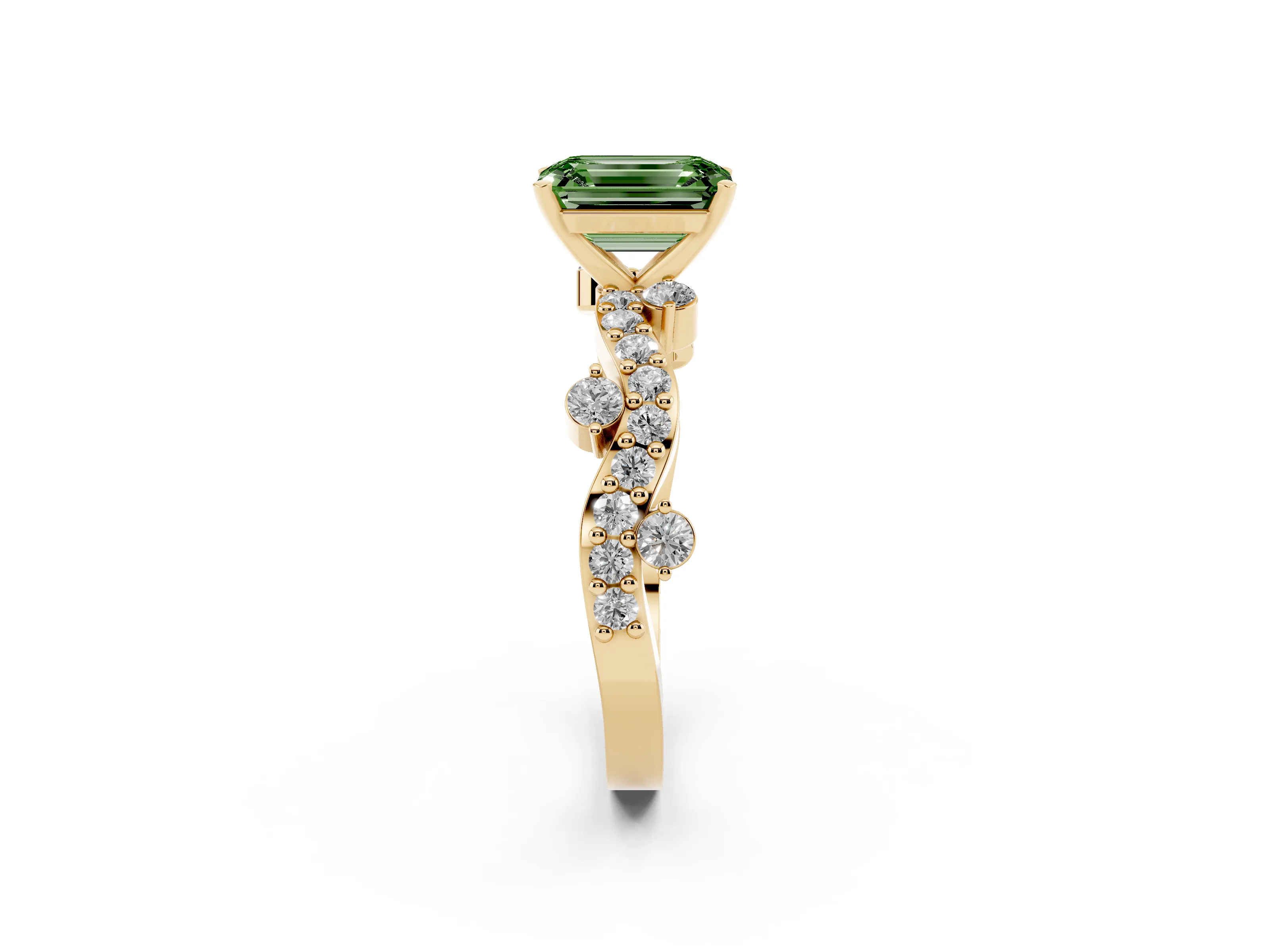 Fancy Green Emerald Cut Diamond Solitaire Twisted Band Set in Yellow gold with Pavé Setting