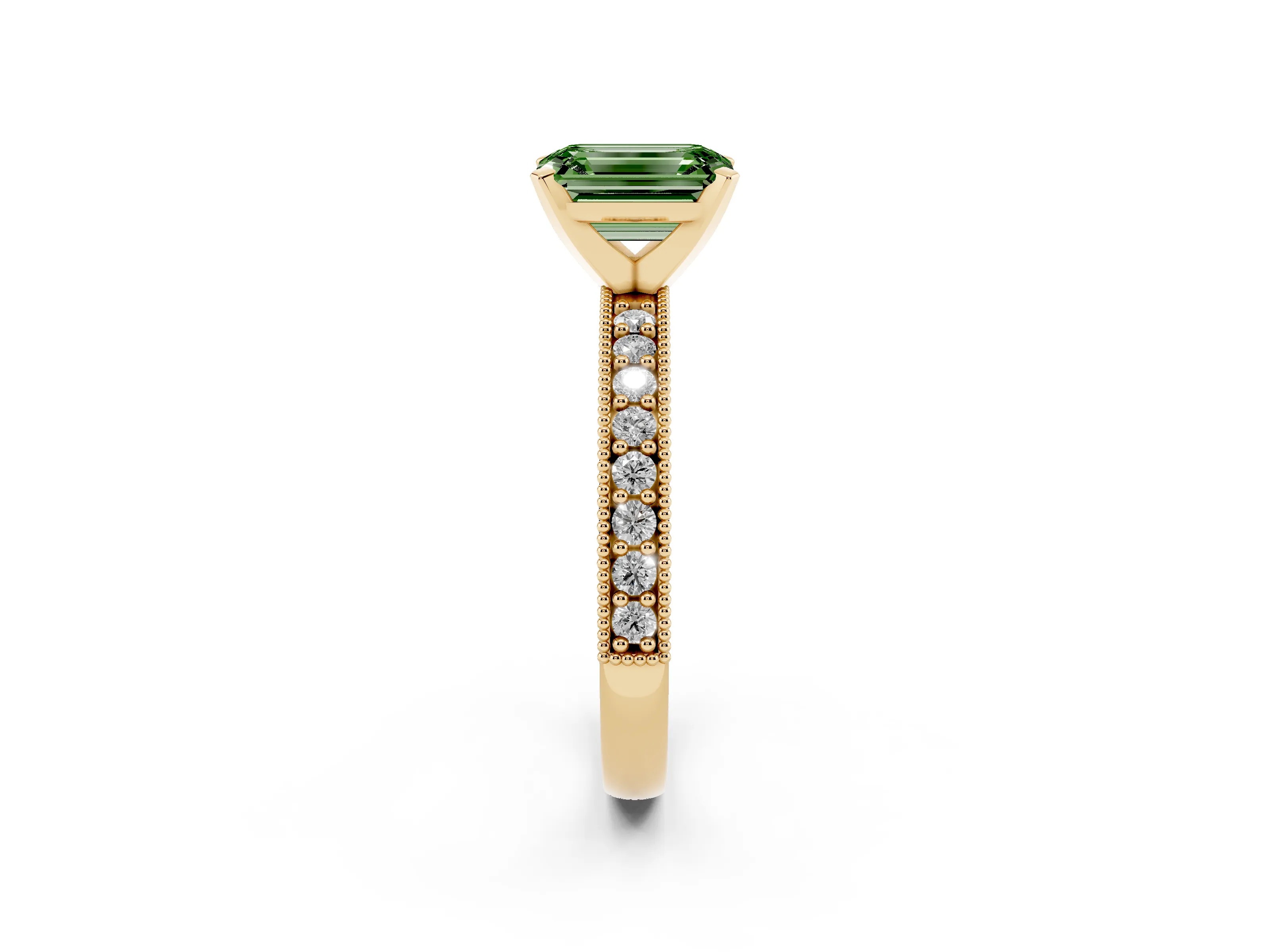 Fancy Green Emerald Cut Diamond Milgrain Pavé Engagement Ring Set in Yellow gold with Prong Setting