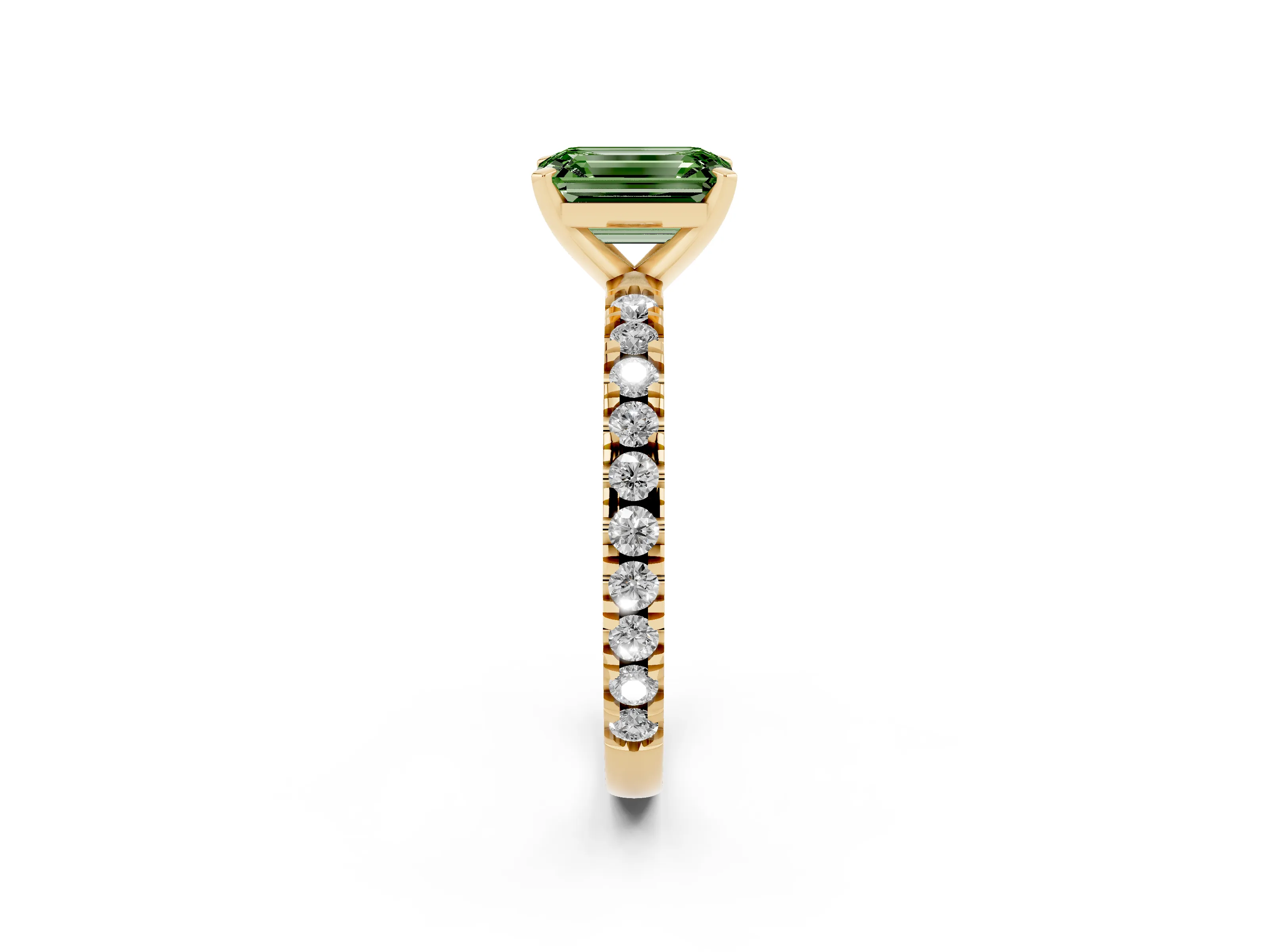 Fancy Green Emerald Cut Diamond Pavé Band Solitaire Set in Yellow gold with Prong Setting