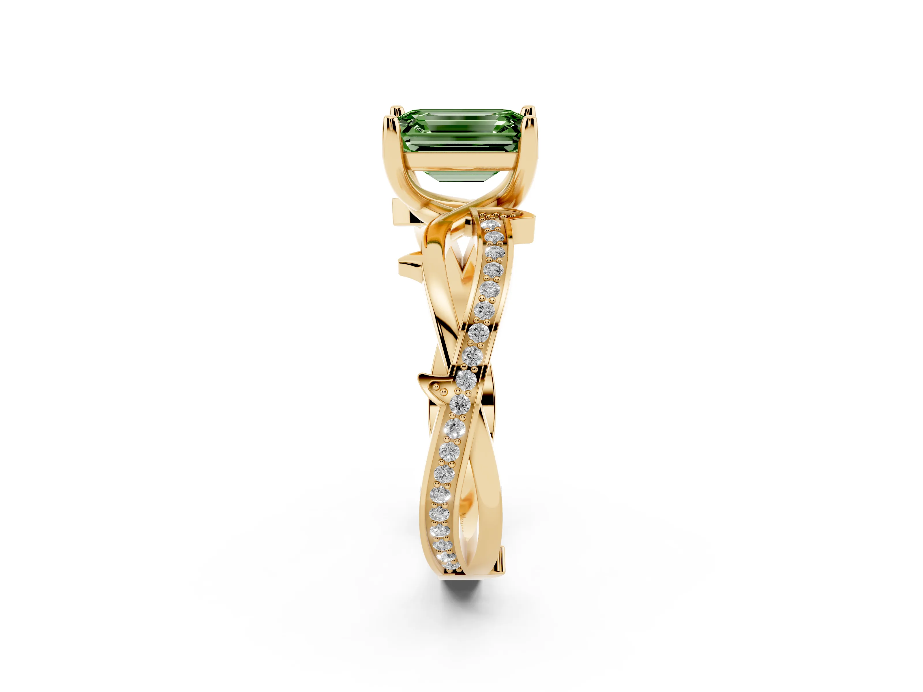 Fancy Green Emerald Cut Diamond Pavé Twist Band Solitaire Ring Set in Yellow gold with Prong Setting