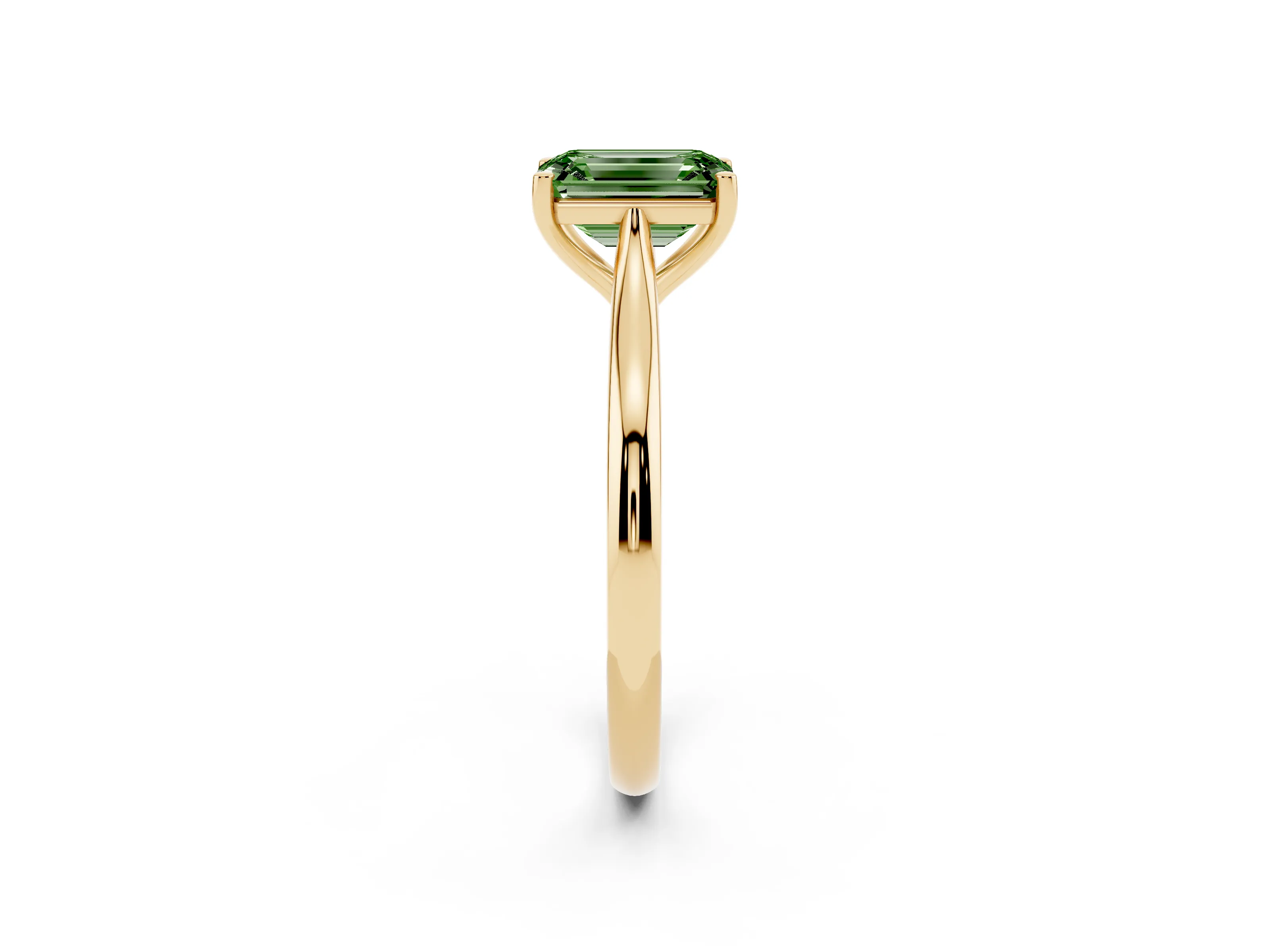 Fancy Green Emerald Cut Diamond Solitaire Ring Set in Yellow gold with Cathedral Band and Prong Setting