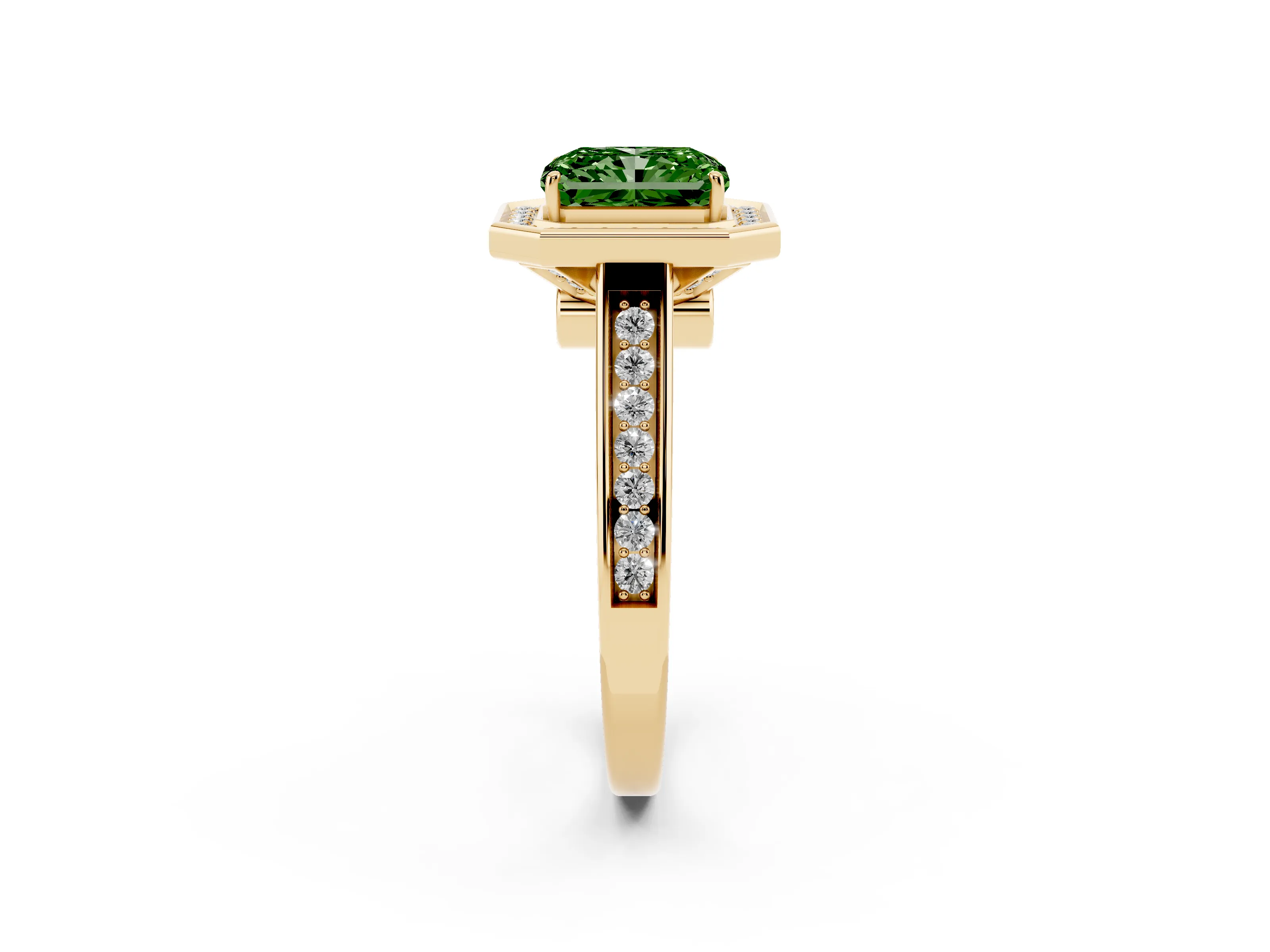 Fancy Green Emerald Cut Diamond Halo Solitaire Ring Set in Yellow gold with Pavé Band and Bezel Setting