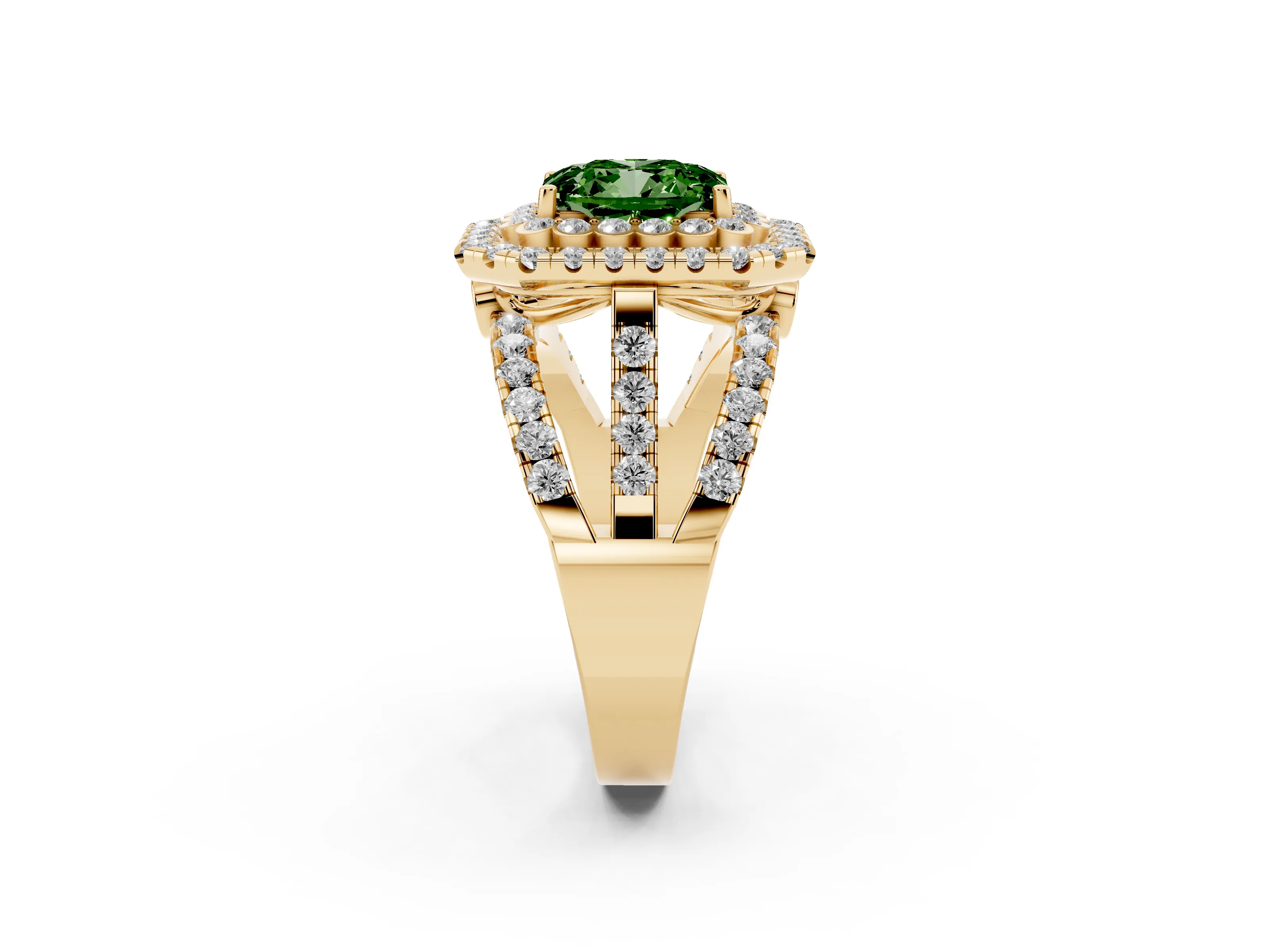 Fancy Green Emerald Cut Diamond Double Halo Ring Set in Yellow gold with Round Pavé Split Shank
