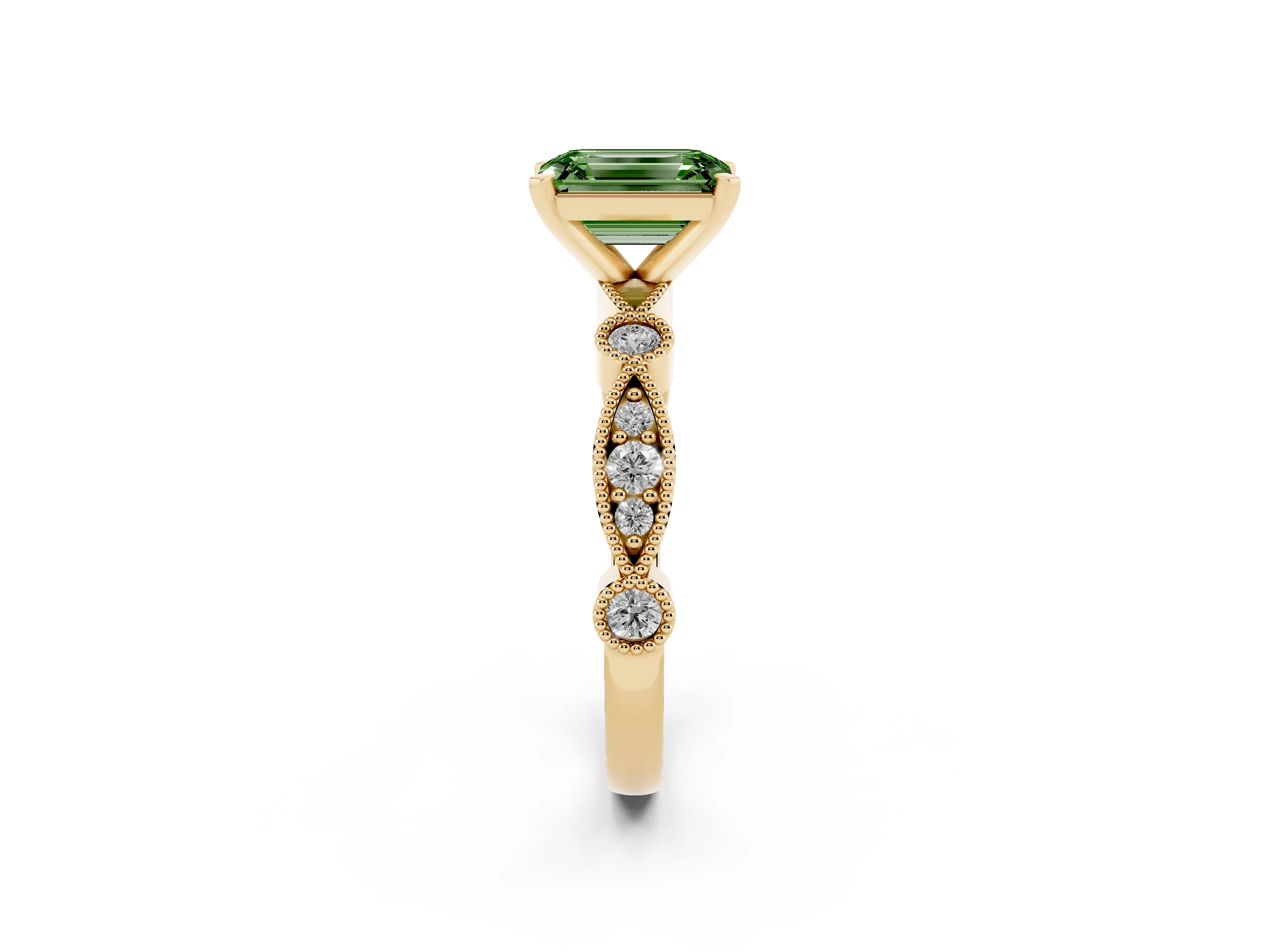 Fancy Green Emerald Cut Diamond Solitaire Engagement Ring Set in Yellow gold with Milgrain Bezel Accent Band