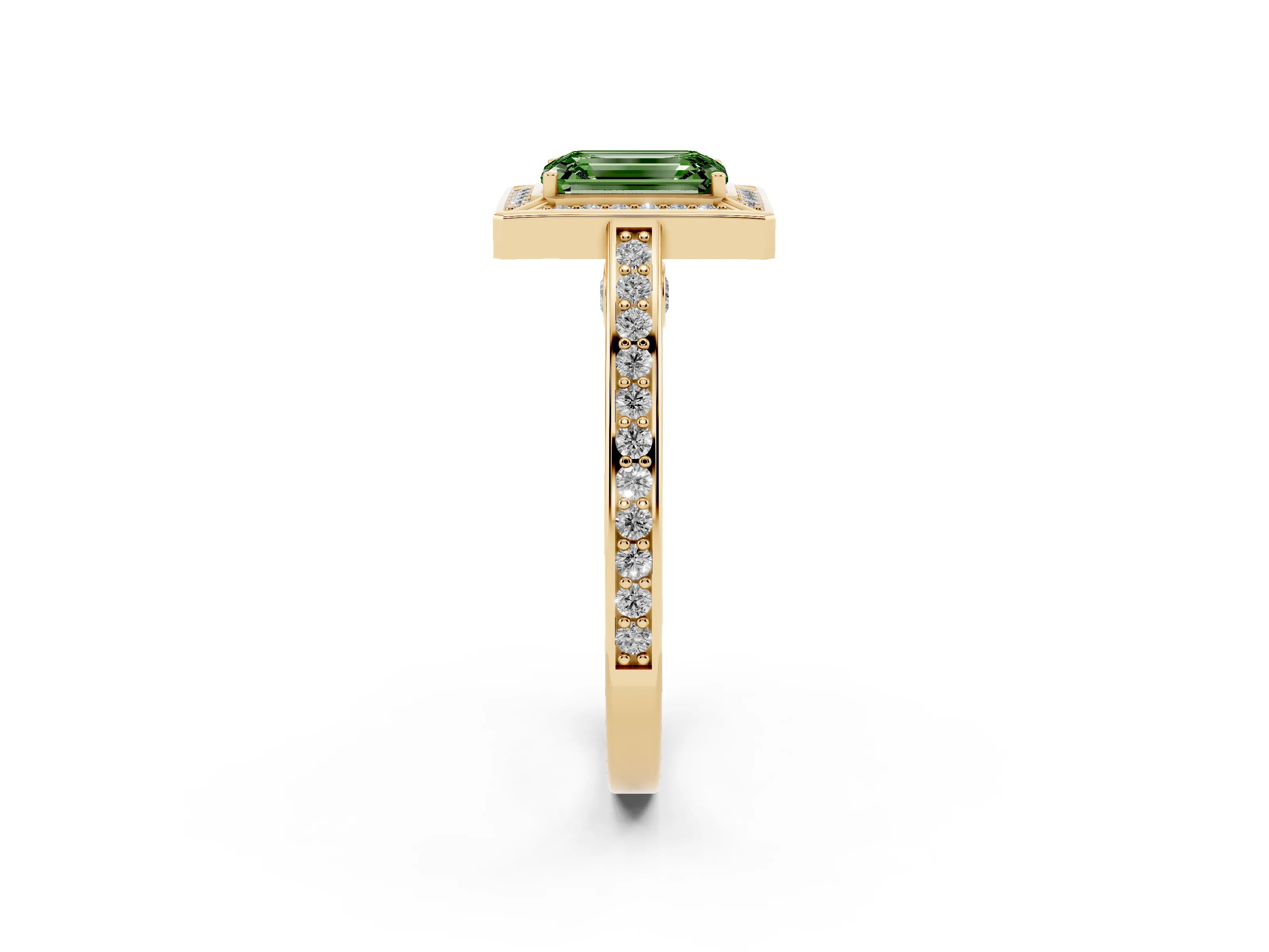 Fancy Green Emerald Cut Diamond Halo Pavé Split Shank Ring Set in Yellow gold with Prong Setting