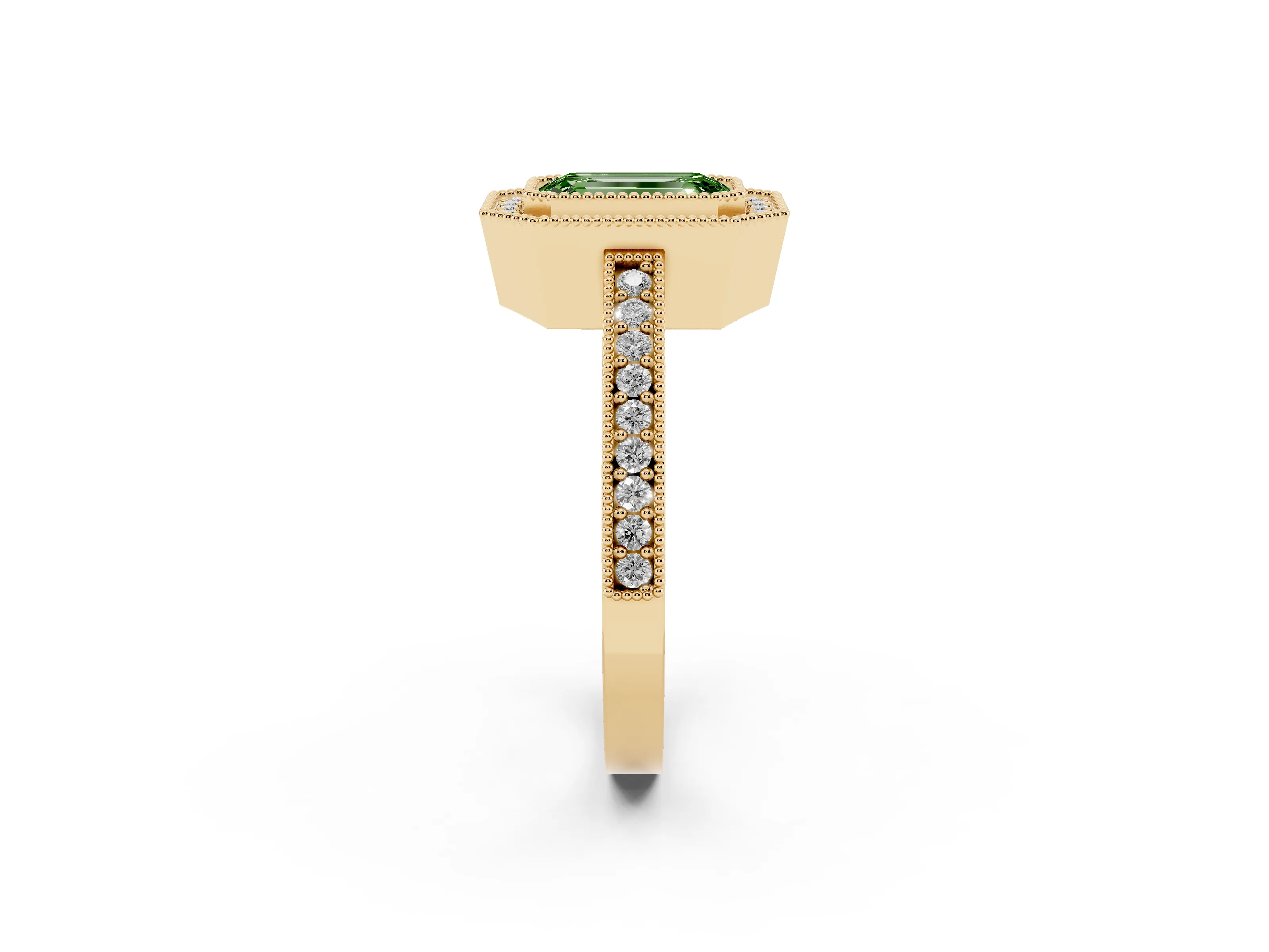 Fancy Green Emerald Cut Diamond Halo Engagement Ring Set in Yellow gold with Pavé Band and Round Halo Stones