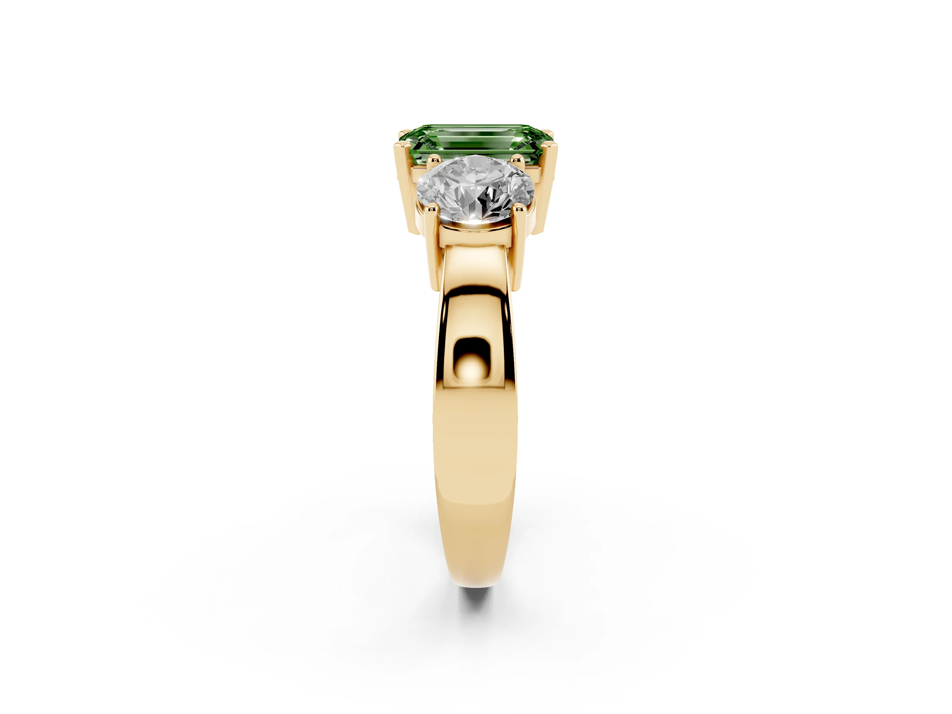 Fancy Green Emerald Cut Diamond Three-Stone Ring Set in Yellow gold with Round Side Stones and Classic Band