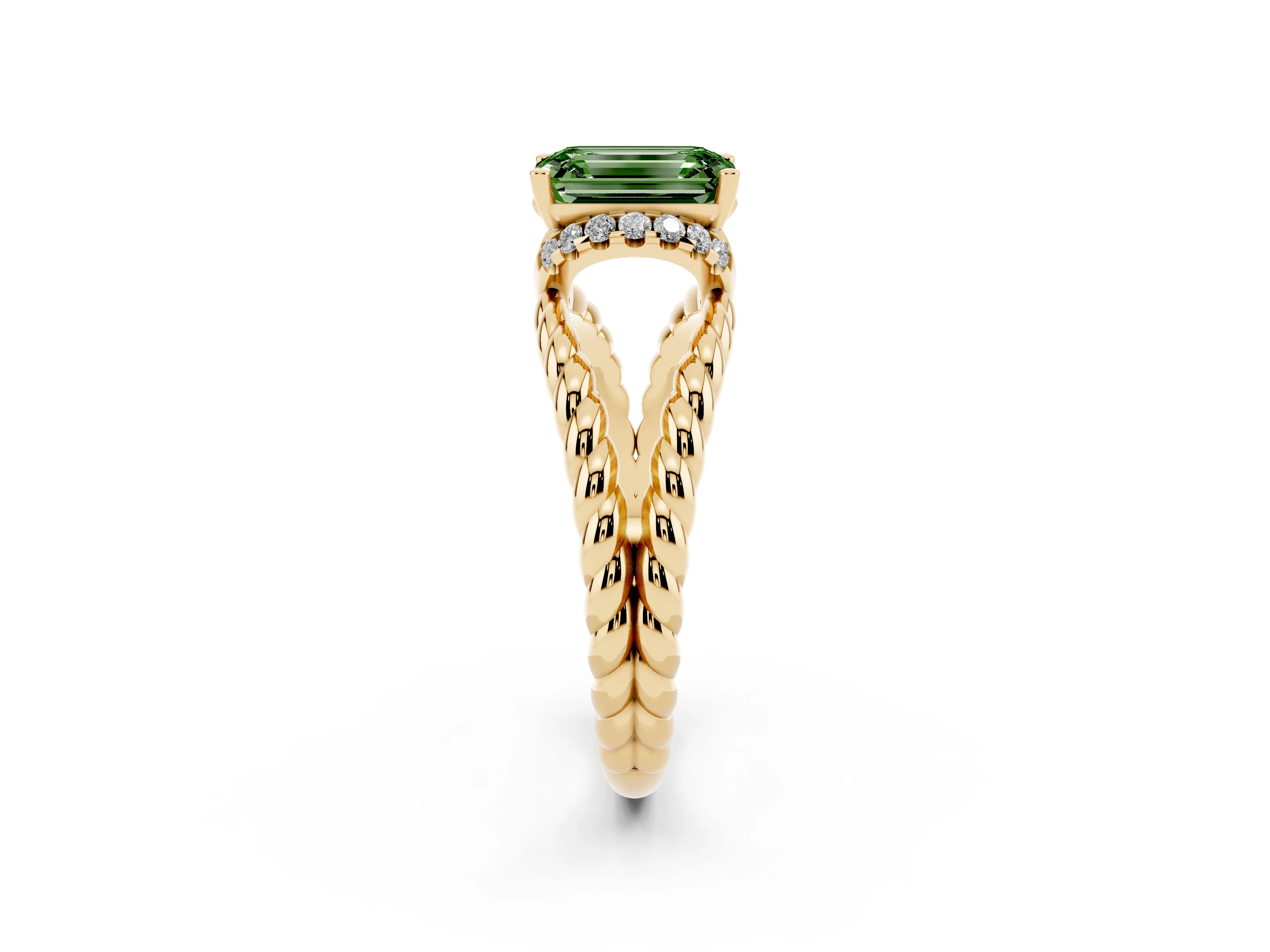 Fancy Green Emerald Cut Diamond Halo Ring Set in Yellow gold with Twisted Band and Prong Setting