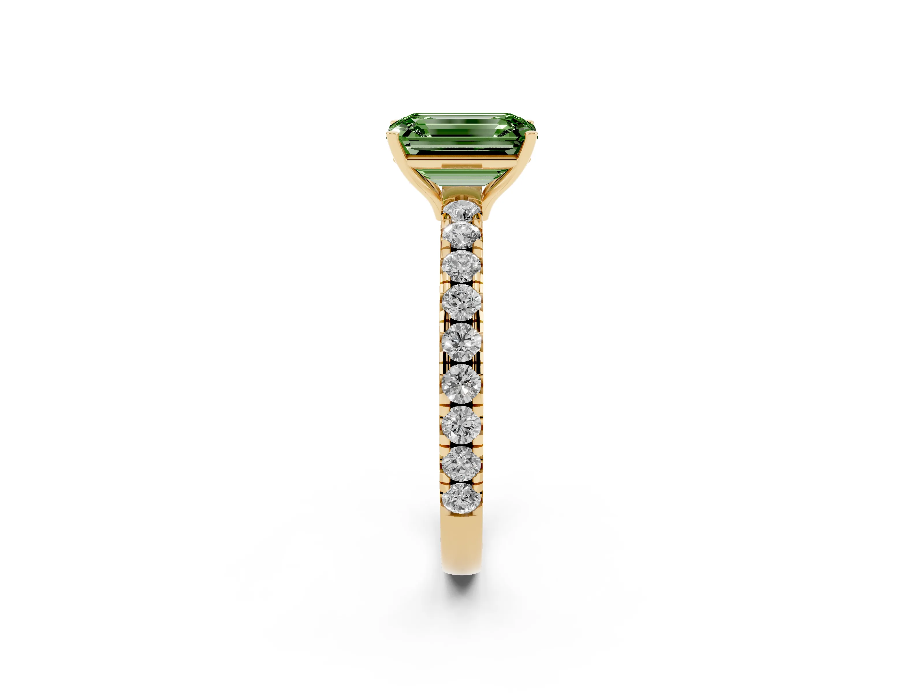 Fancy Green Emerald Cut Diamond Pavé Solitaire Engagement Ring Set in Yellow gold with Prong Setting