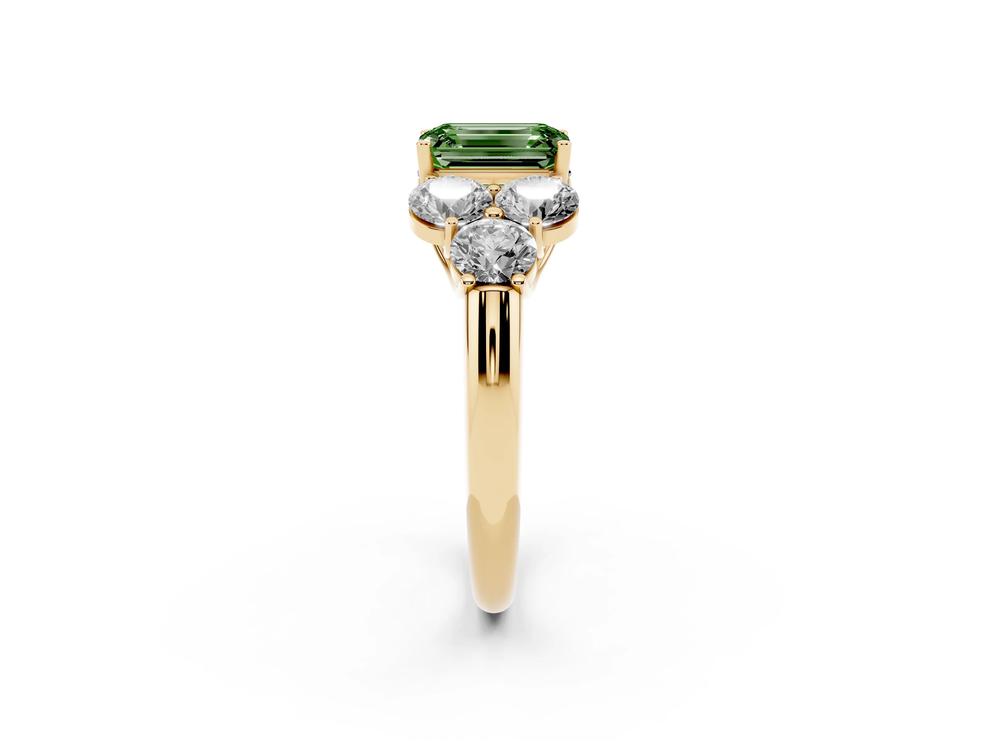 Fancy Green Emerald Cut Diamond Cluster Ring Set in Yellow gold with Round Accent Stones and Prong Setting on a Plain Band