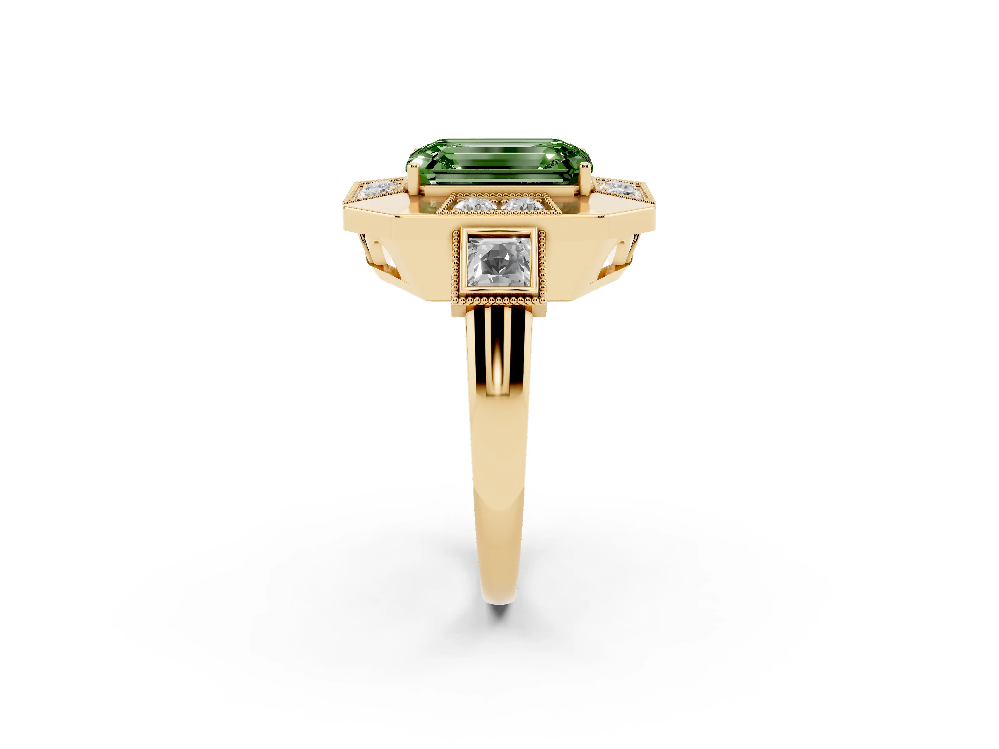 Fancy Green Emerald Cut Diamond Milgrain Halo Ring Set in Yellow gold with Split Shank