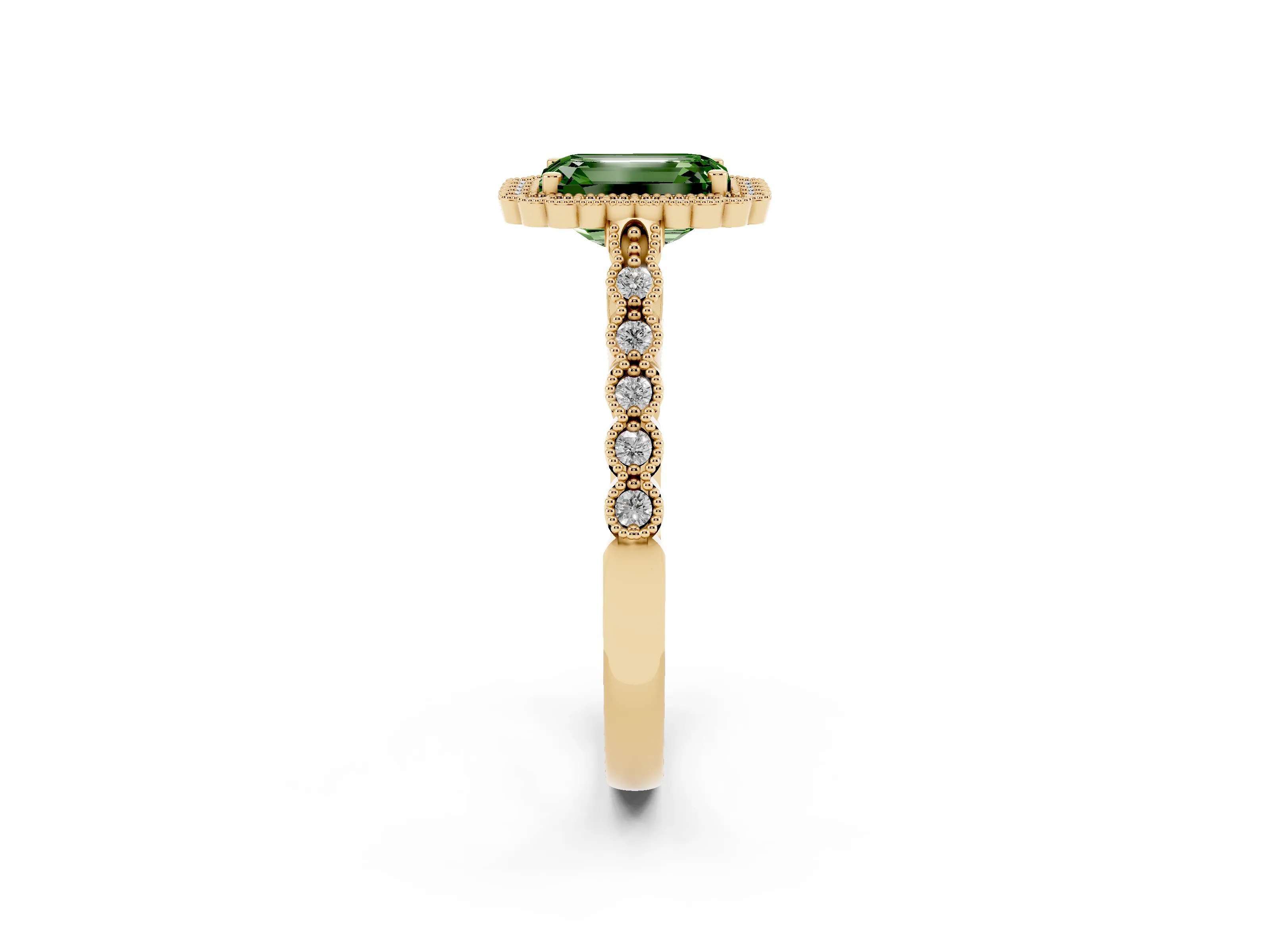 Fancy Green Emerald Cut Diamond Halo Ring Set in Yellow gold with Pavé Milgrain Band