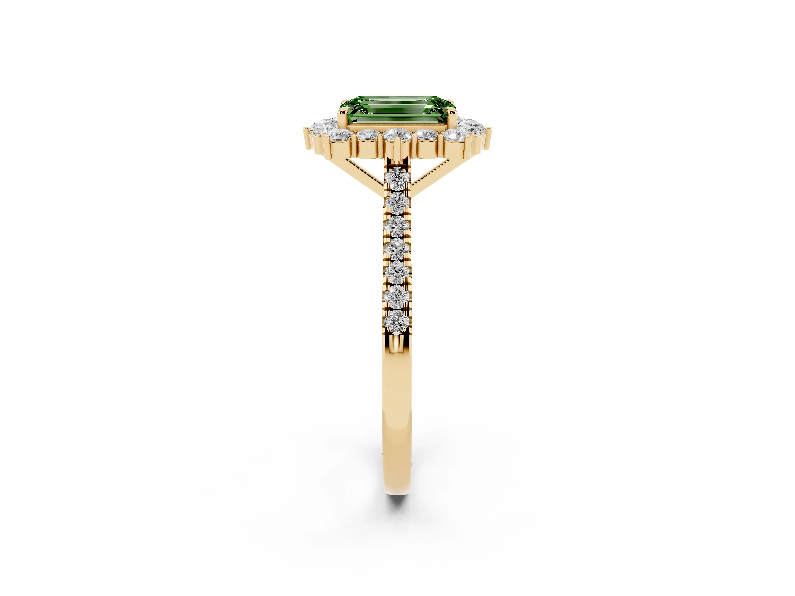Fancy Green Emerald Cut Diamond Halo Ring Set in Yellow gold with Pavé Band and Prong Setting