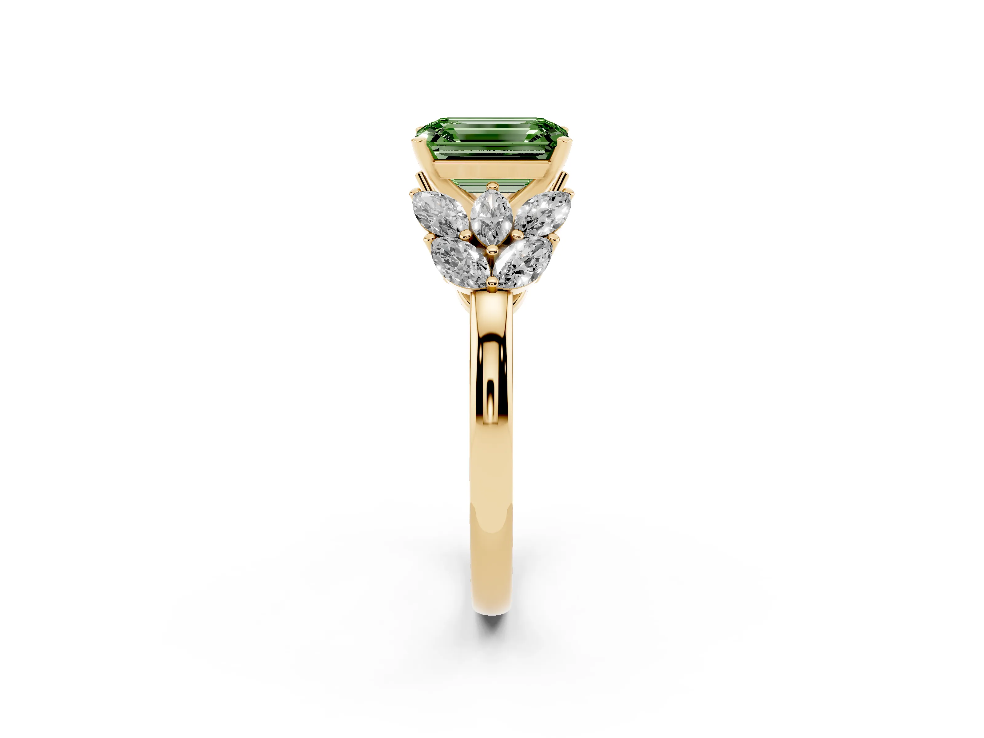 Fancy Green Emerald Cut Diamond Cluster Leaf Design Ring Set in Yellow gold with Prong Setting