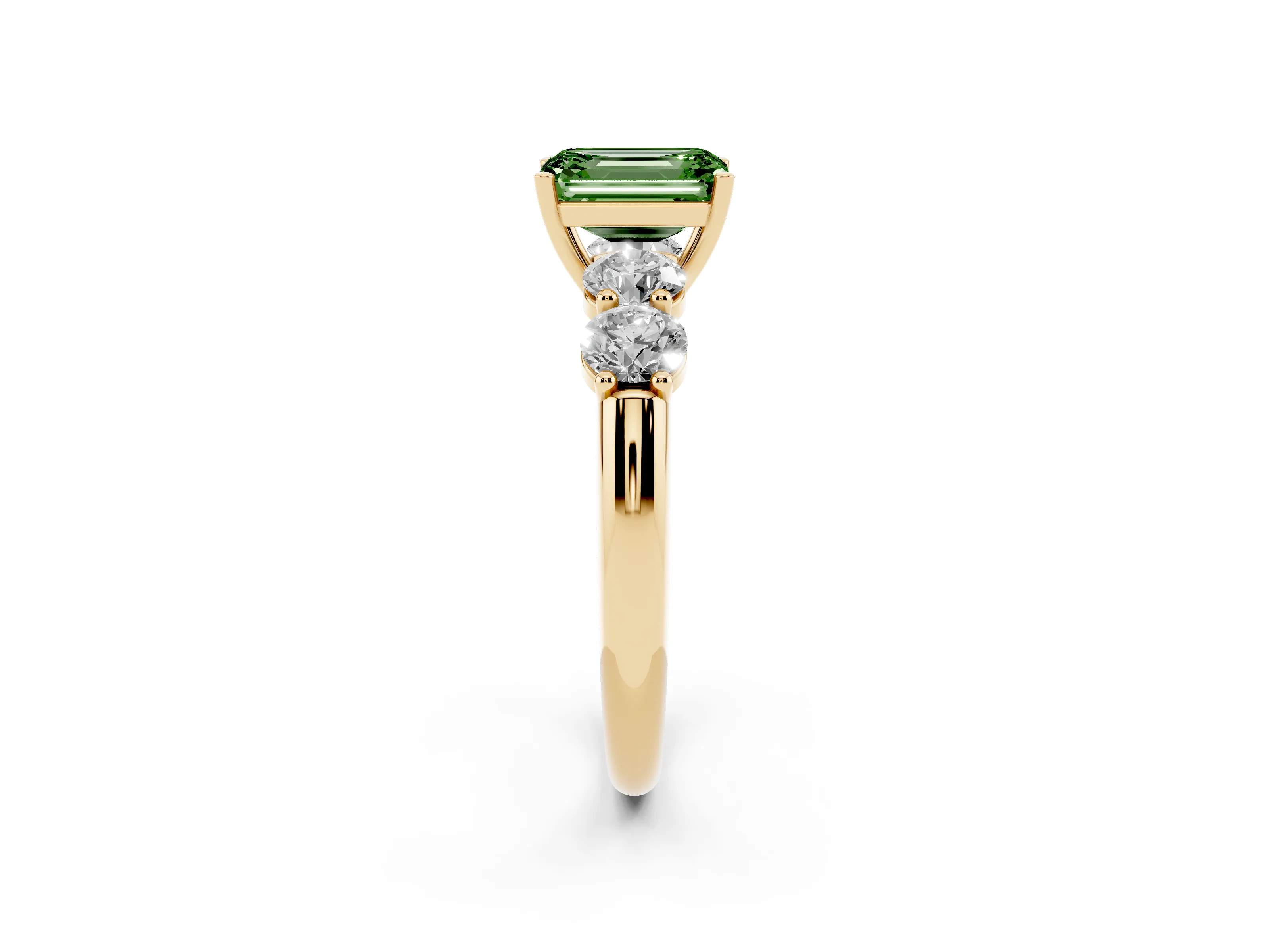 Fancy Green Emerald Cut Diamond Five-Stone Prong Set Ring Set in Yellow gold with Classic Band