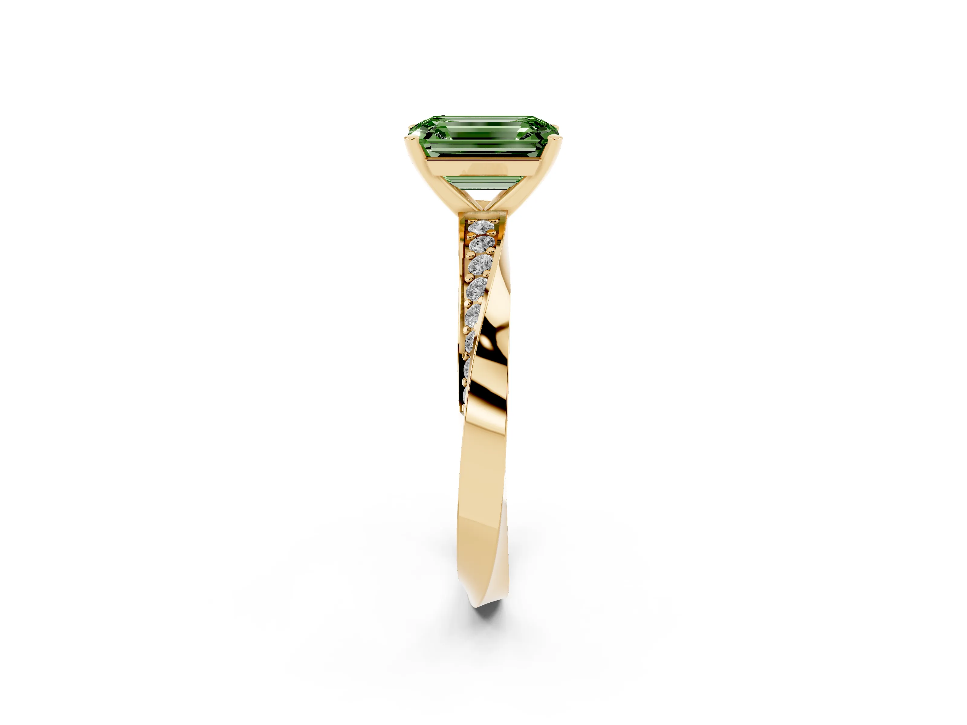 Fancy Green Emerald Cut Diamond Engagement Ring Set in Yellow gold with Side Stone Accents and Prong Setting