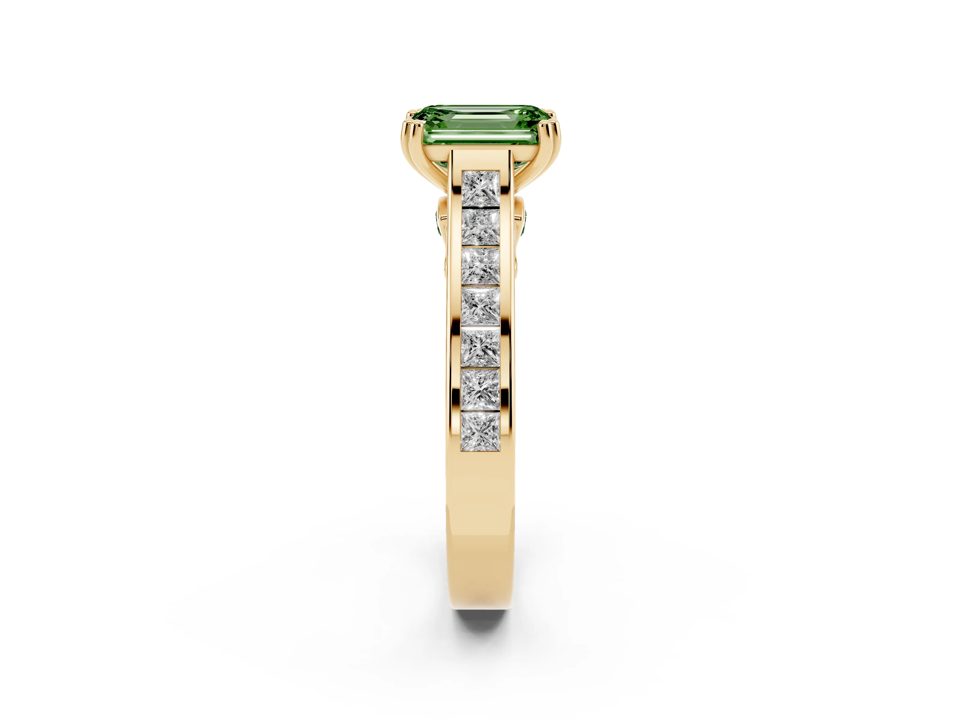 Fancy Green Emerald Cut Diamond Channel Set Solitaire Engagement Ring Set in Yellow gold with Prong Setting