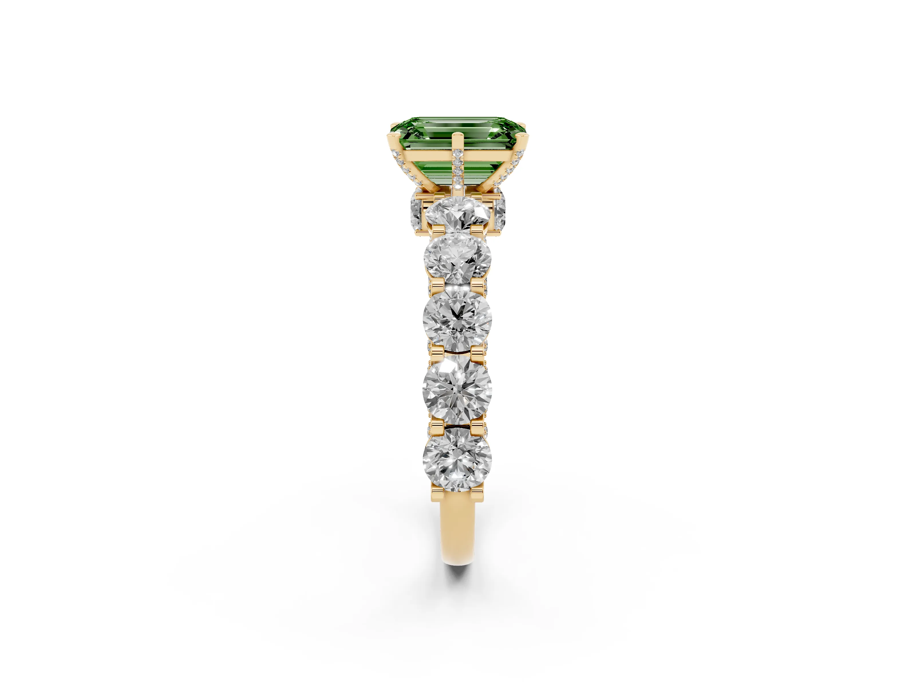 Fancy Green Emerald Cut Diamond Side Stone Ring Set in Yellow gold with Alternating Round and Oval Side Stones