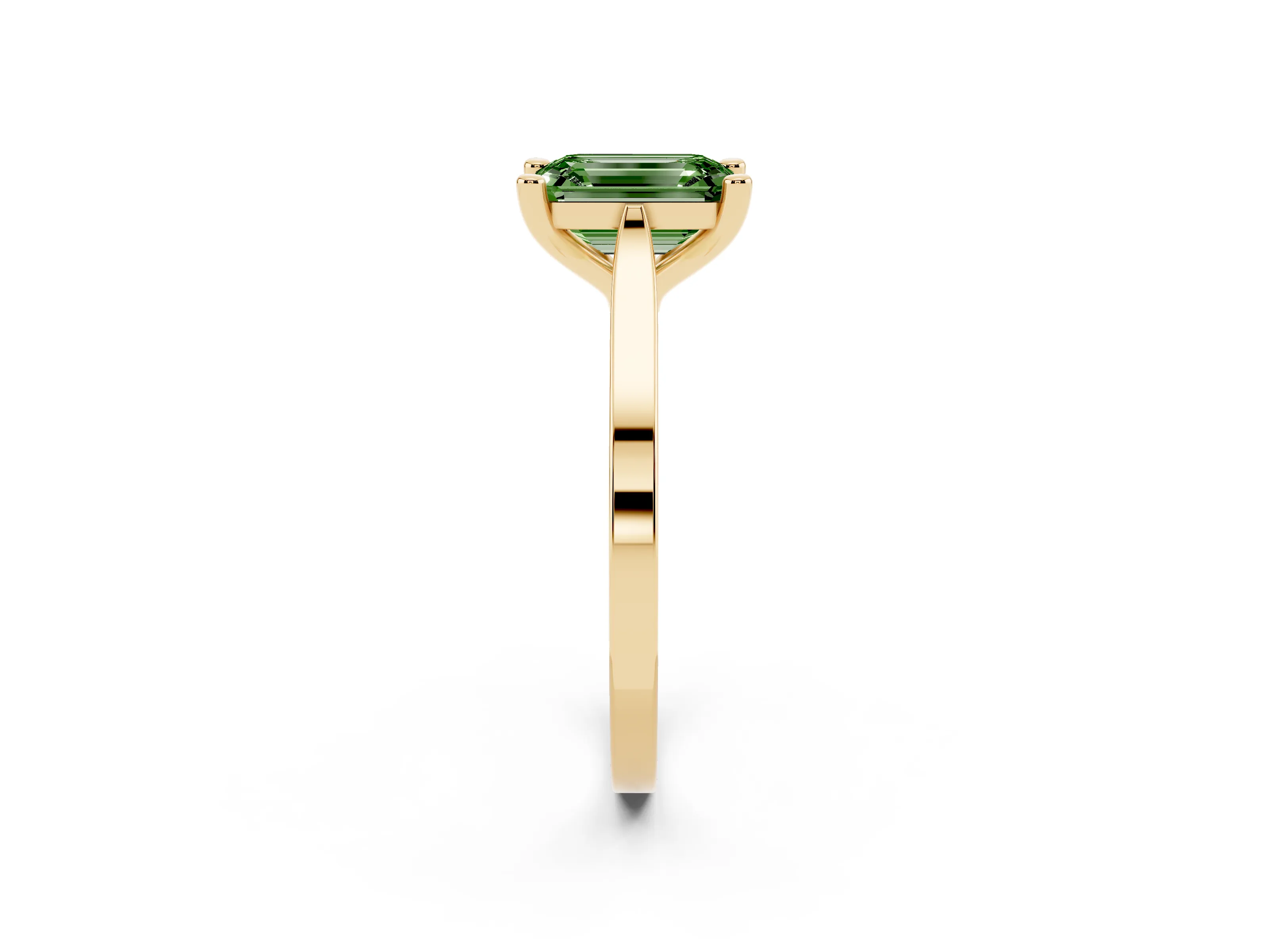 Fancy Green Emerald Cut Diamond Solitaire Ring Set in Yellow gold with Prong Setting and Tapered Band