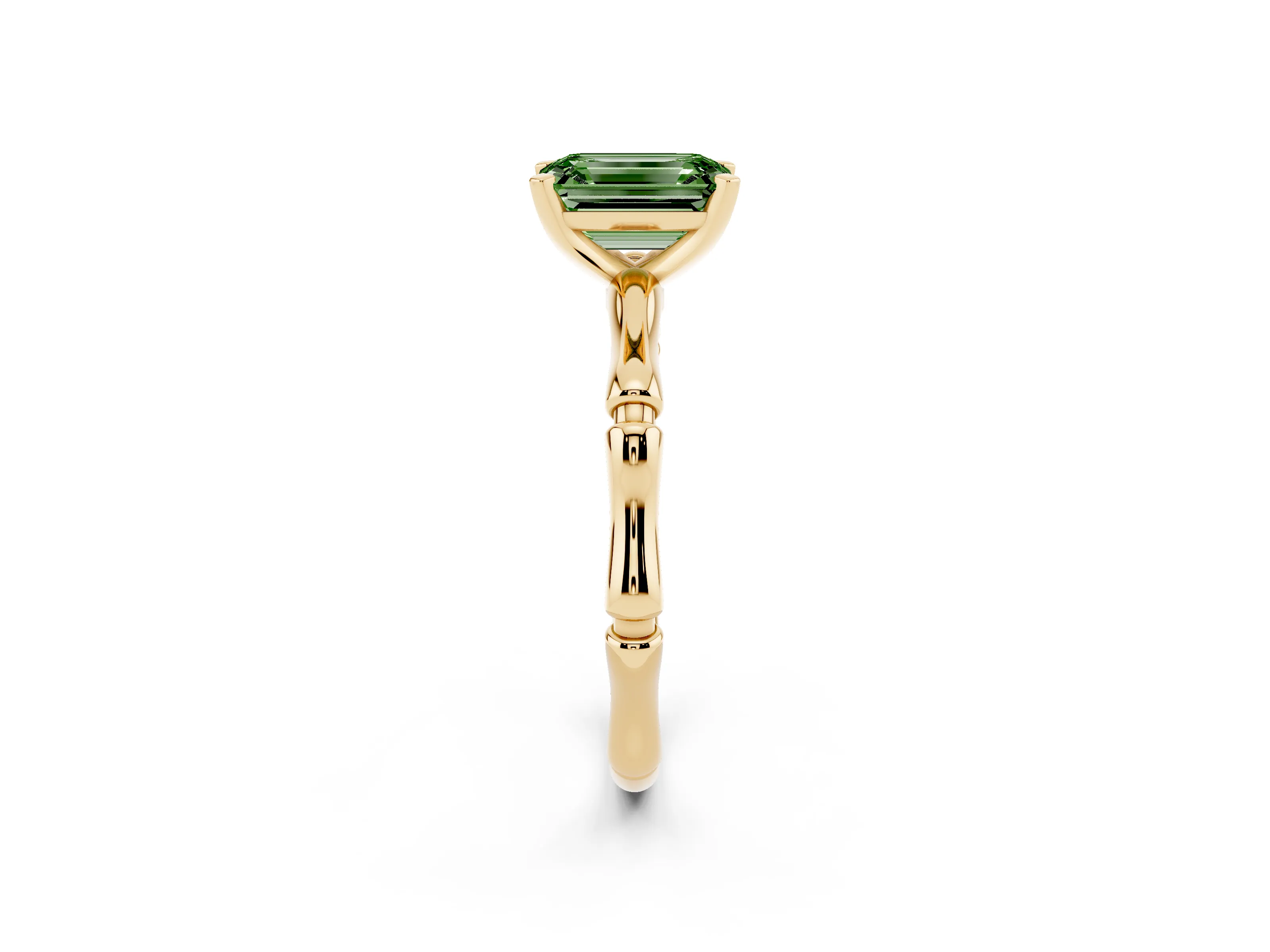Fancy Green Emerald Cut Diamond Solitaire Ring Set in Yellow gold with Bamboo Band and Prong Setting