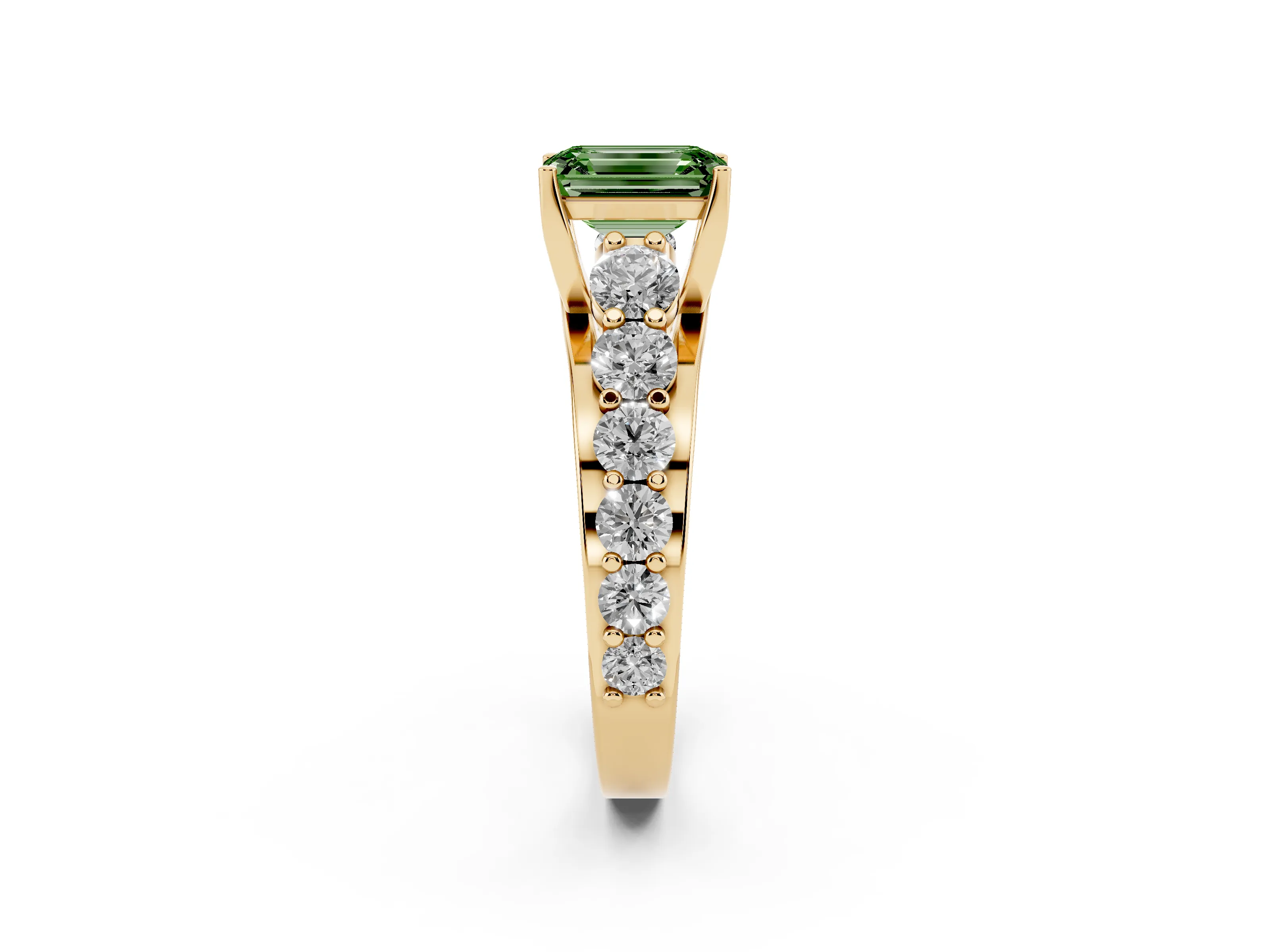 Fancy Green Emerald Cut Diamond Pavé Engagement Ring Set in Yellow gold with Prong Setting