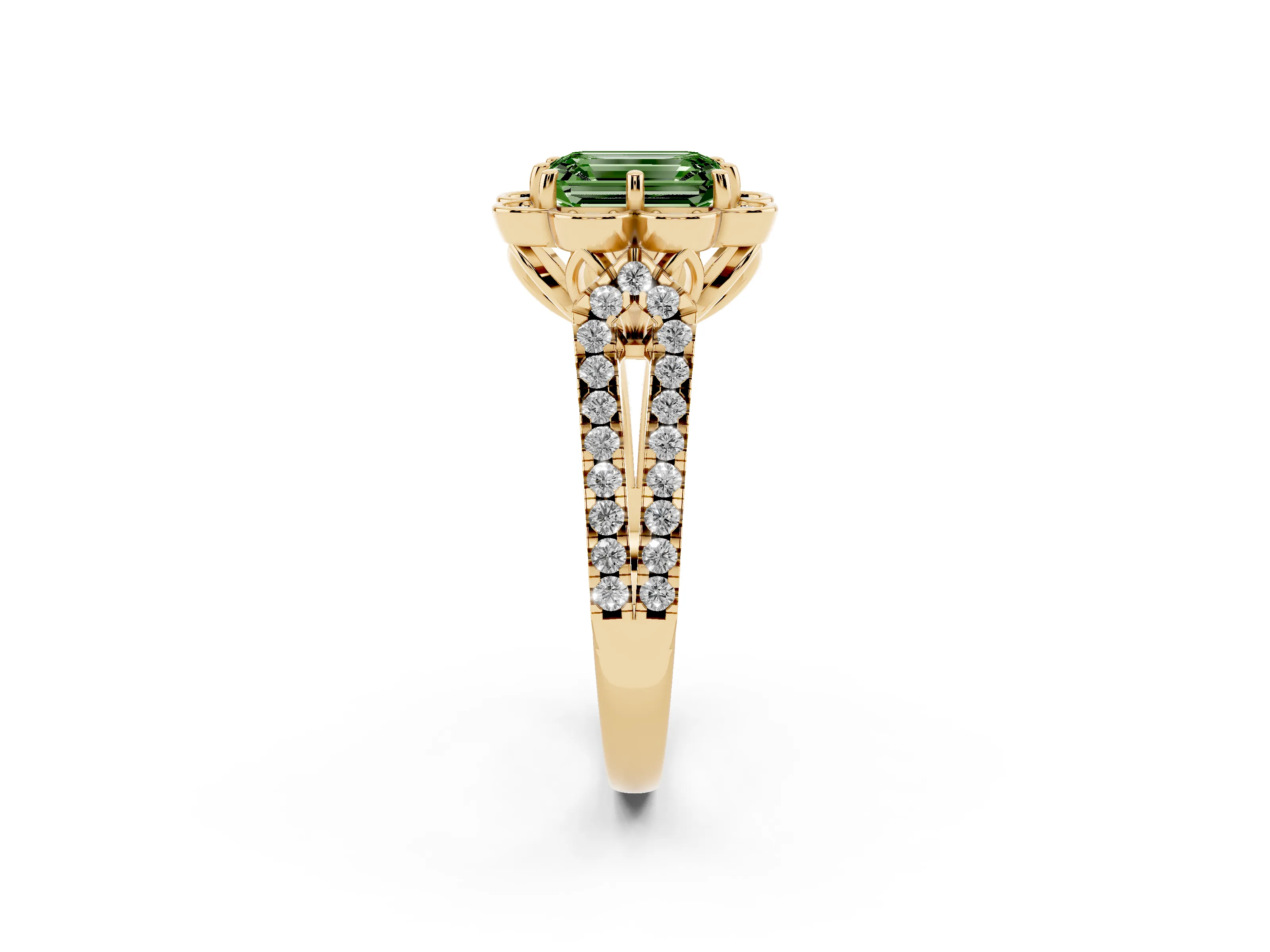 Fancy Green Emerald Cut Diamond Floral Halo Split Shank Engagement Ring Set in Yellow gold with Pavé Shank