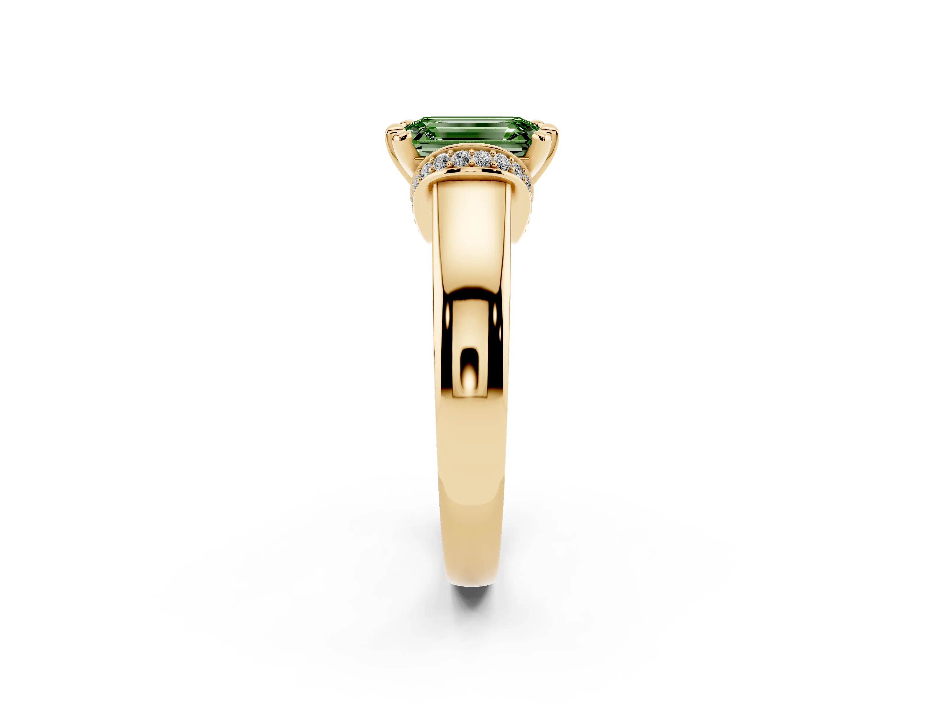 Fancy Green Emerald Cut Diamond Pavé Band Solitaire Ring Set in Yellow gold with Prong Setting