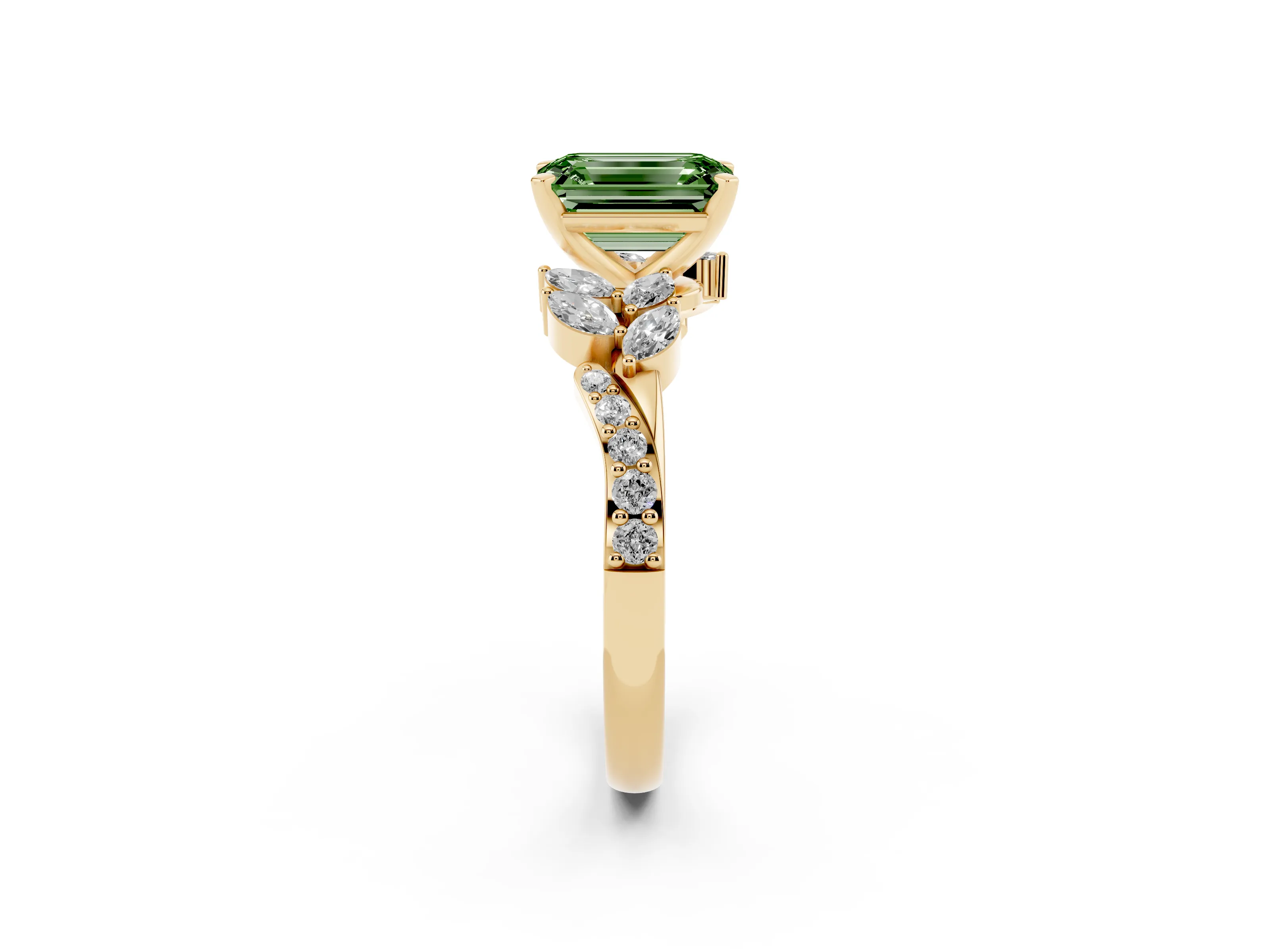 Fancy Green Emerald Cut Diamond Solitaire Ring Set in Yellow gold with Marquise Twist Band and Prong Setting
