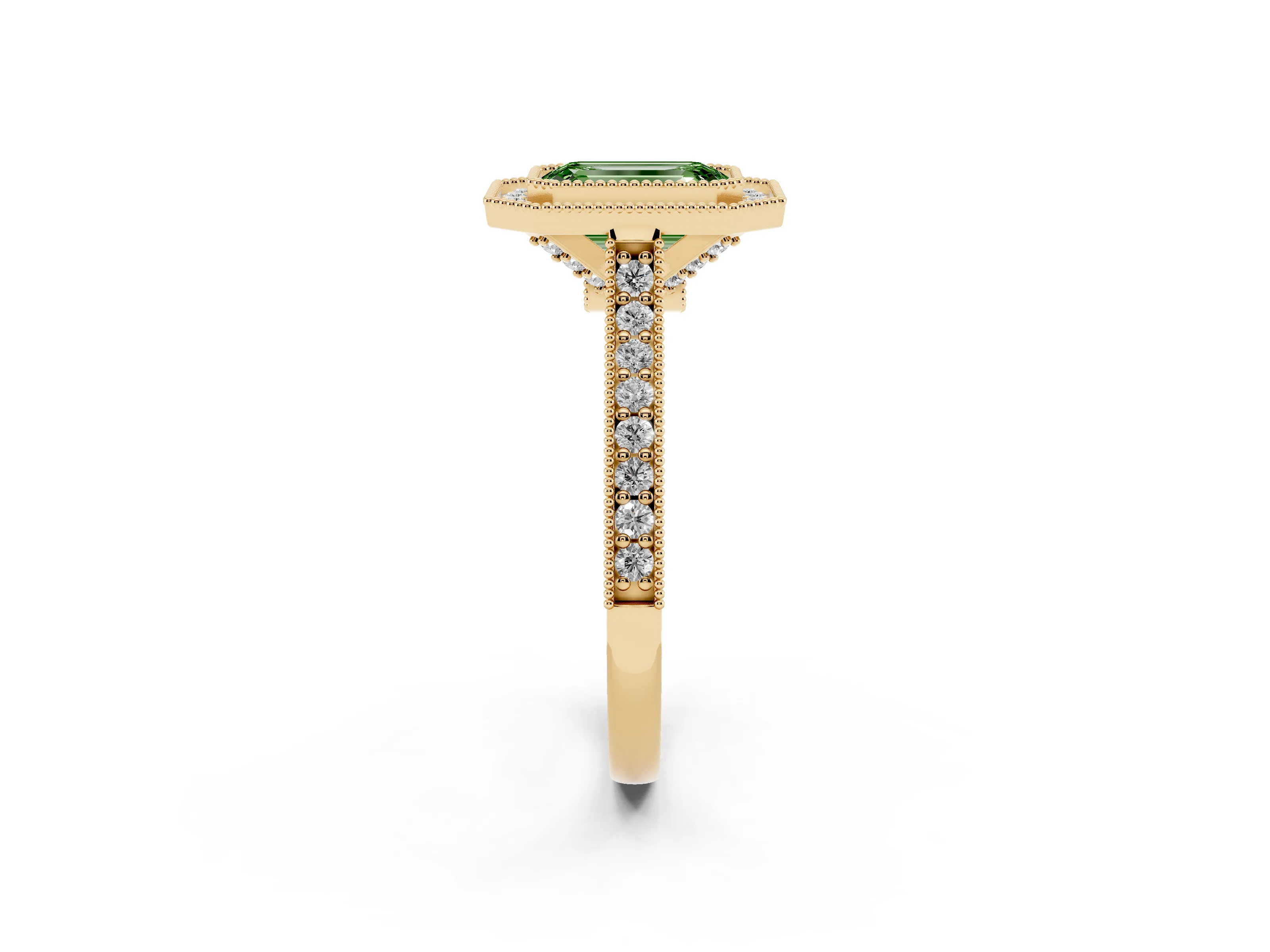Fancy Green Emerald Cut Diamond Halo Milgrain Pavé Band Ring Set in Yellow gold with Prong Setting