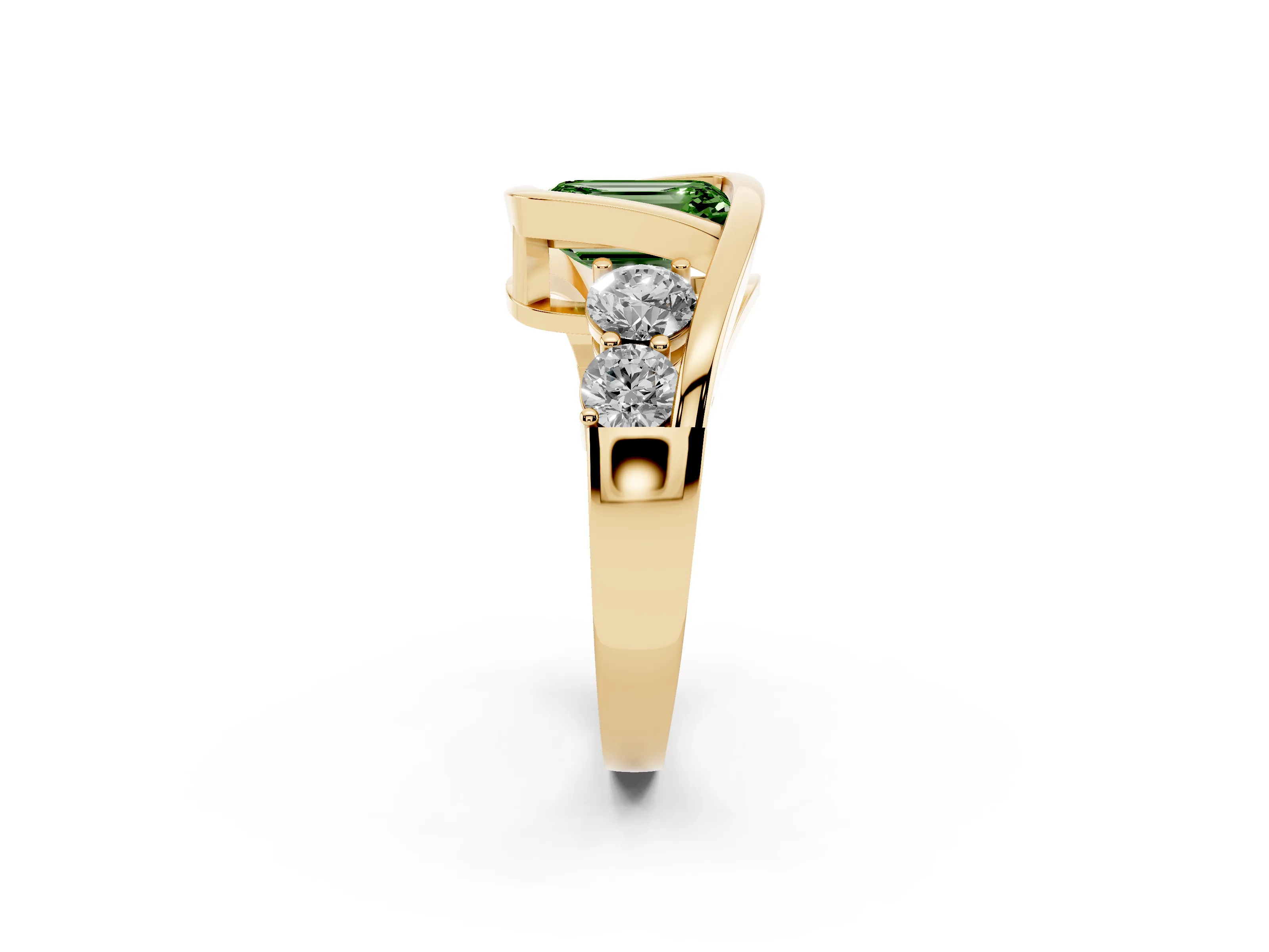 Fancy Green Emerald Cut Diamond Bezel Bypass Ring Set in Yellow gold with Round Accents