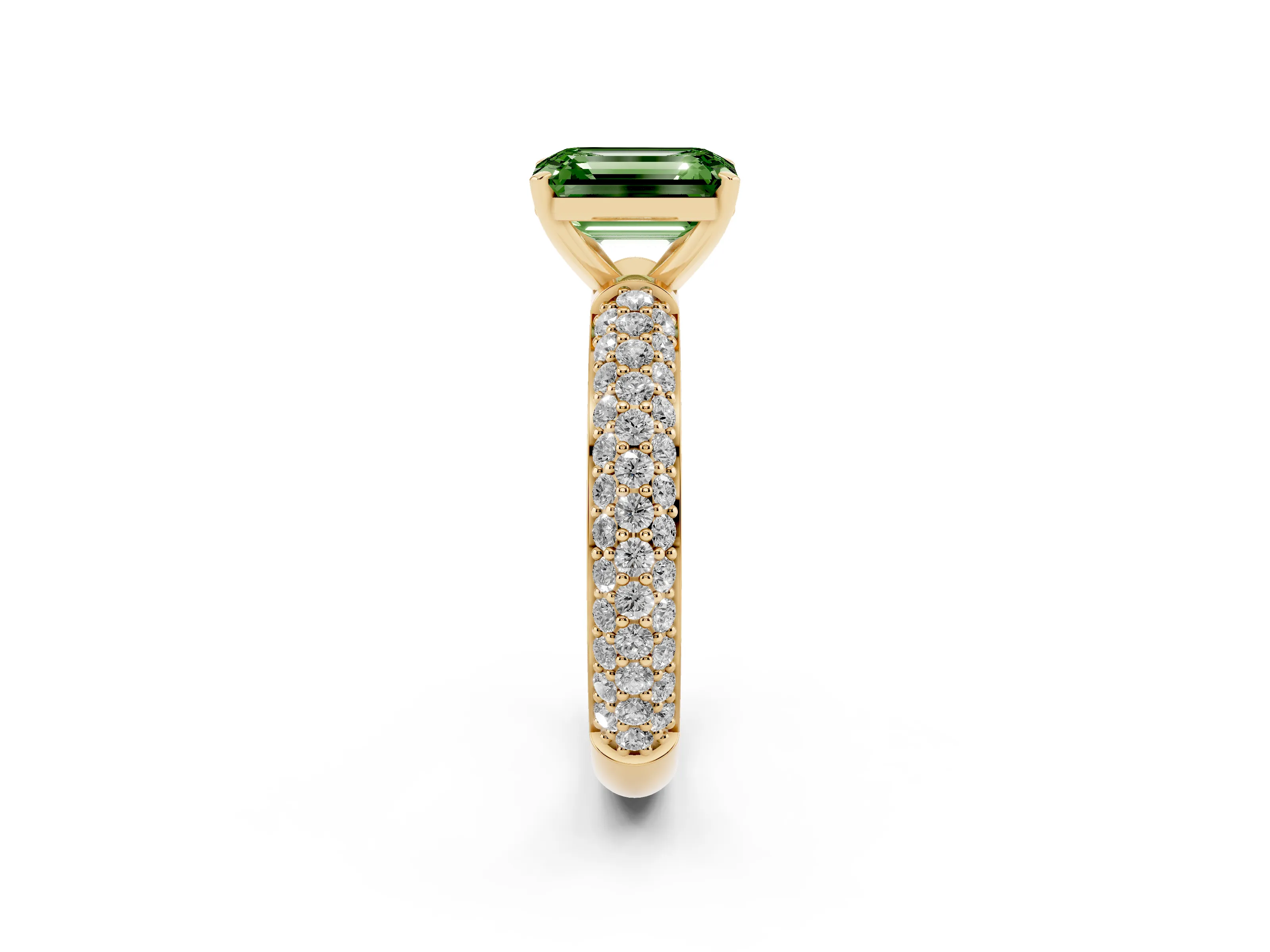 Fancy Green Emerald Cut Diamond Solitaire Ring Set in Yellow gold with Prong Setting and Pavé-Set Band