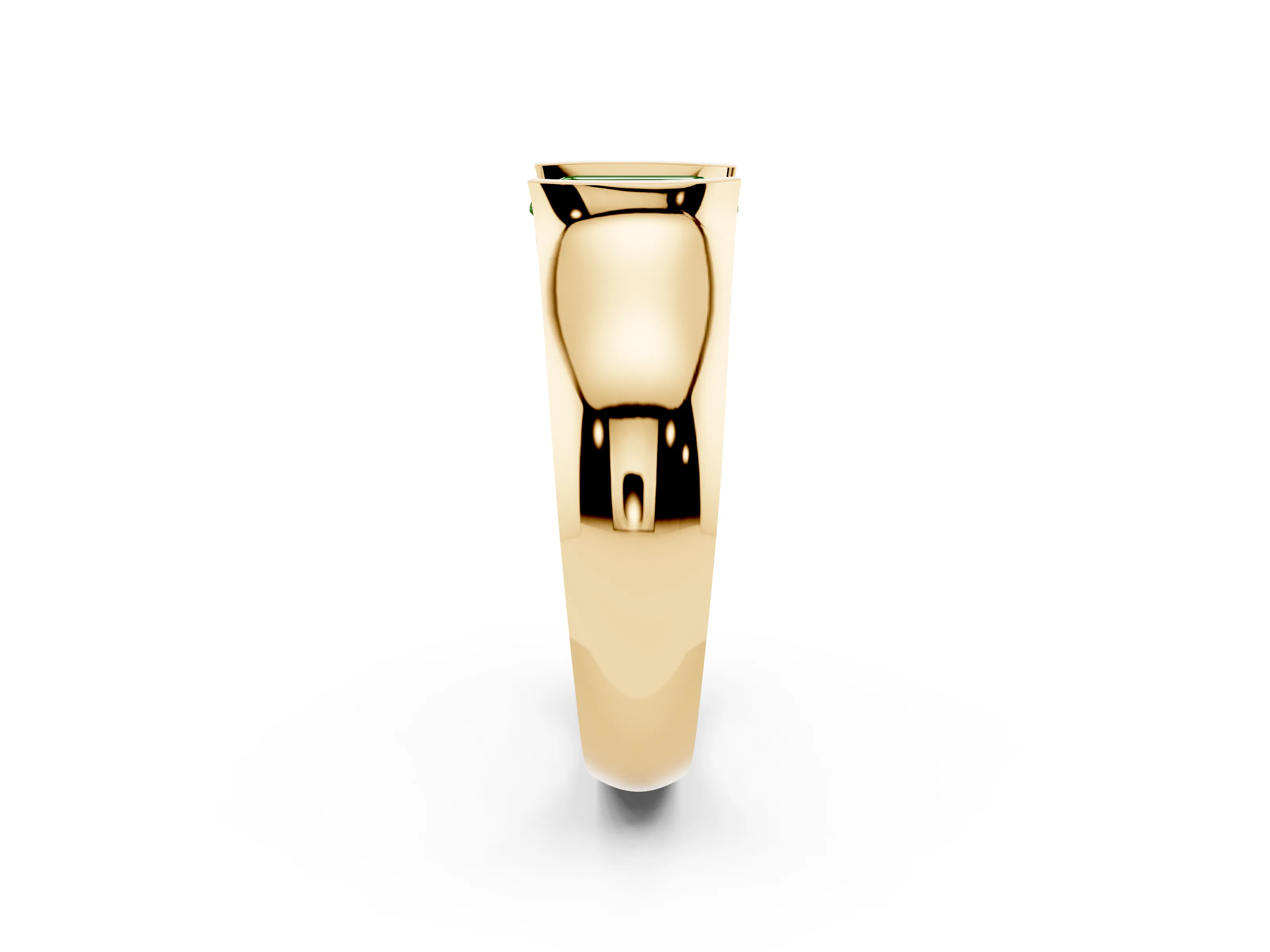 Fancy Green Emerald Cut Diamond Bezel Solitaire Ring Set in Yellow gold with Wide Band