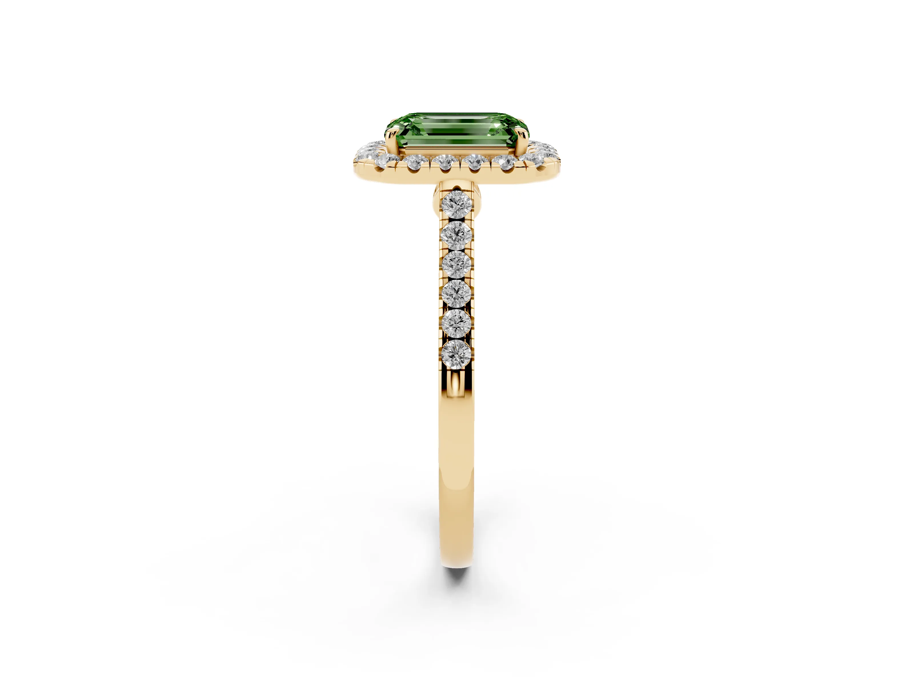 Fancy Green Emerald Cut Diamond Halo Pavé Engagement Ring Set in Yellow gold with Prong Setting